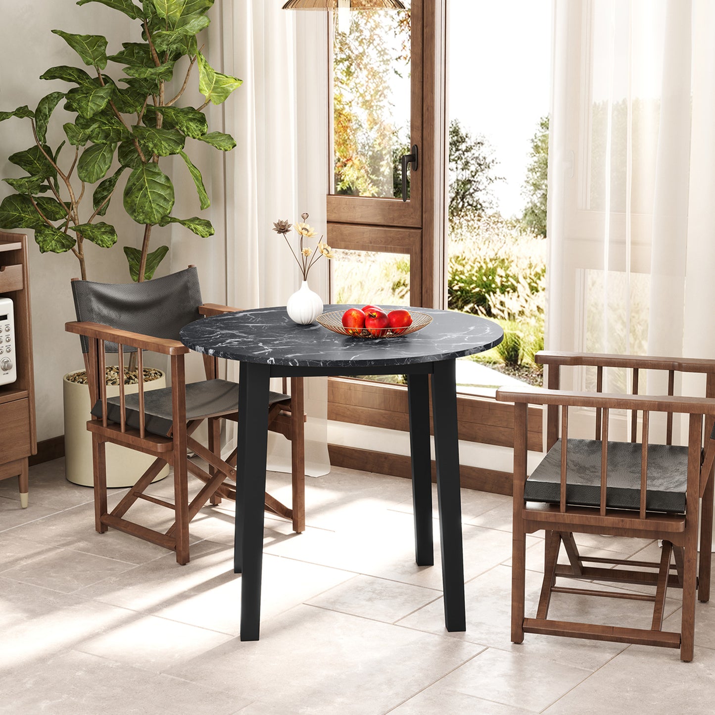 Modern 35 Inch Round Dining Table with Marble Finish Top and Solid Rubber Wood Legs in Black