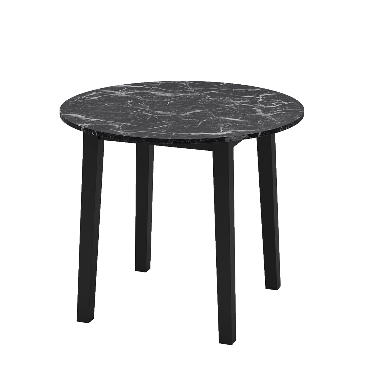 Modern 35 Inch Round Dining Table with Marble Finish Top and Solid Rubber Wood Legs in Black