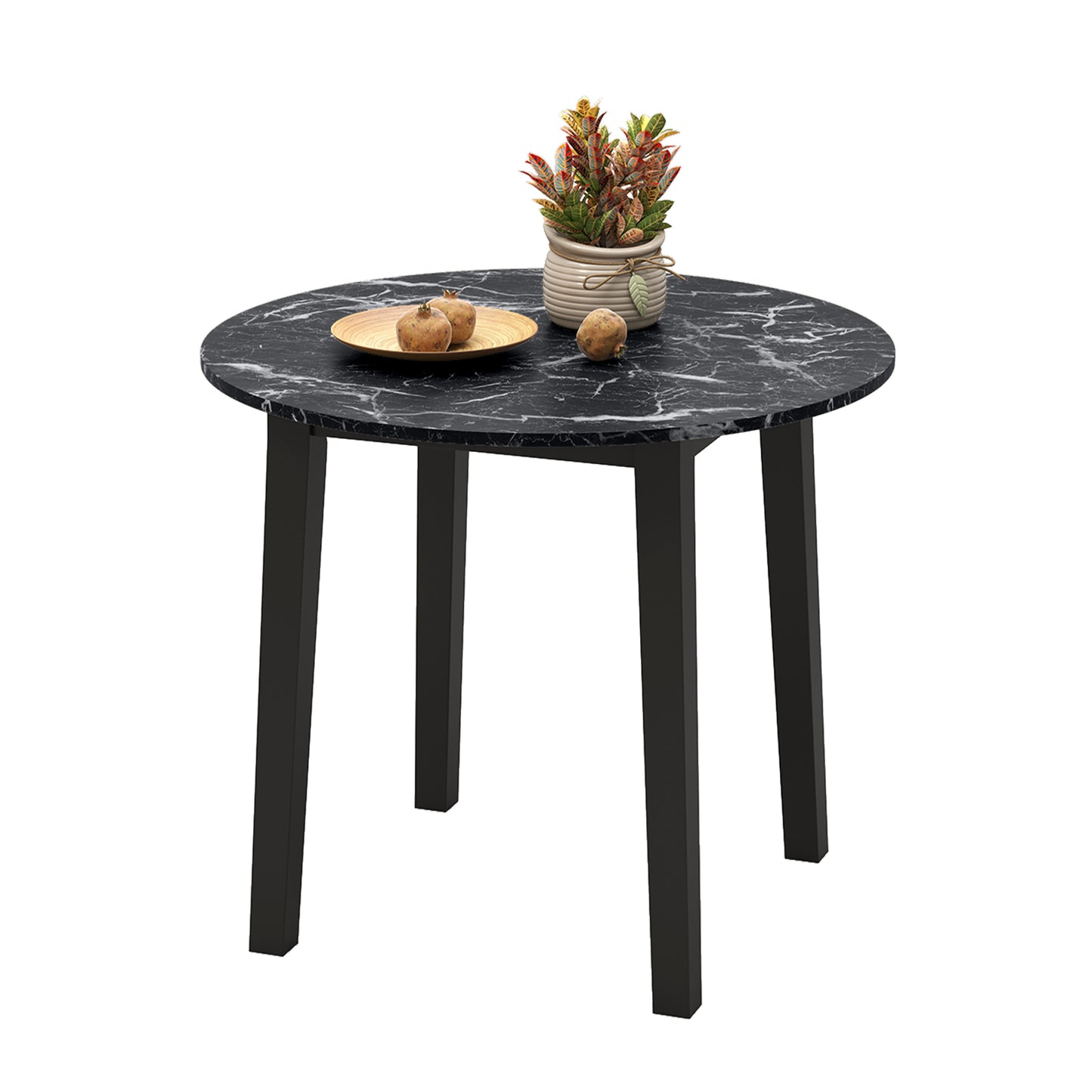 Modern 35 Inch Round Dining Table with Marble Finish Top and Solid Rubber Wood Legs in Black