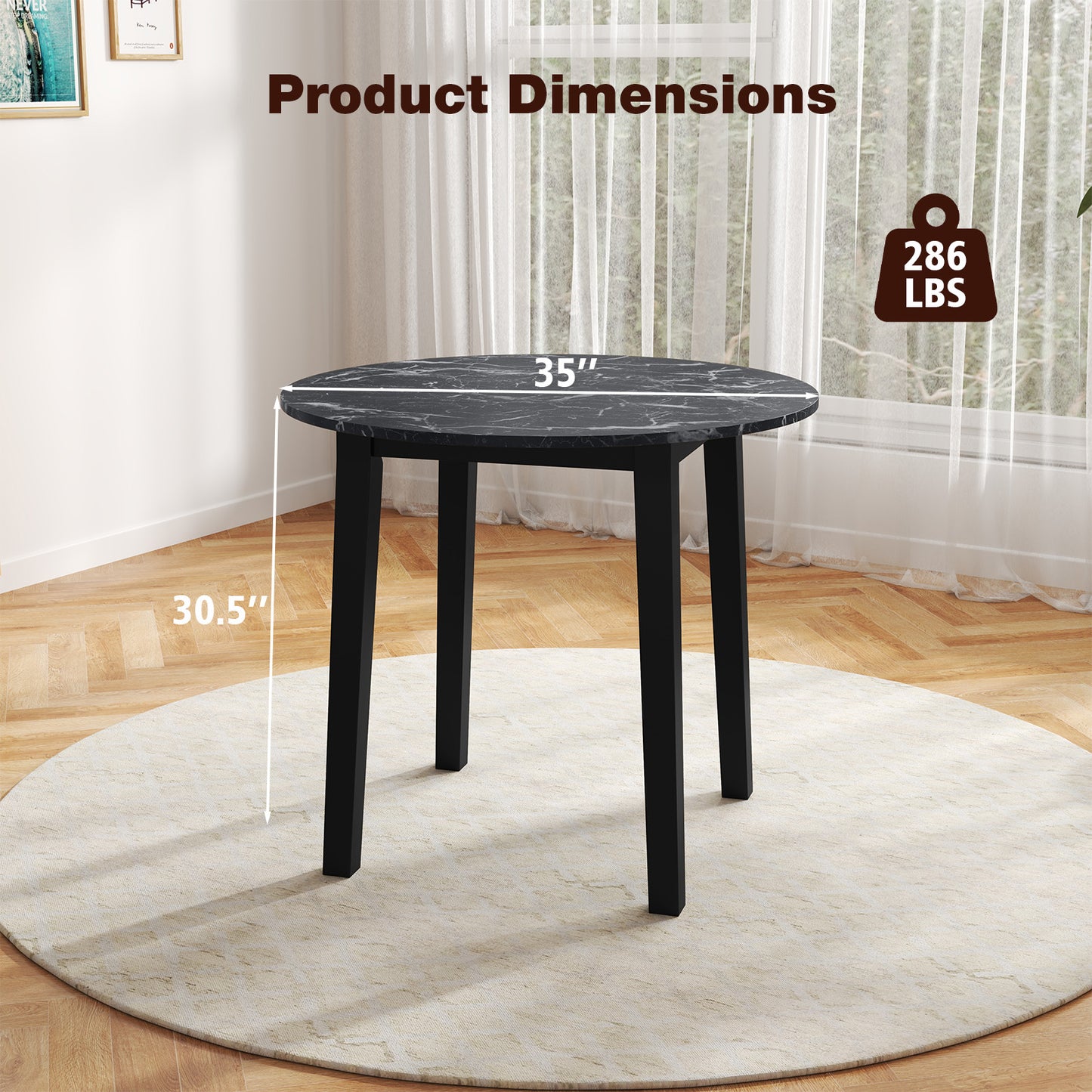 Modern 35 Inch Round Dining Table with Marble Finish Top and Solid Rubber Wood Legs in Black
