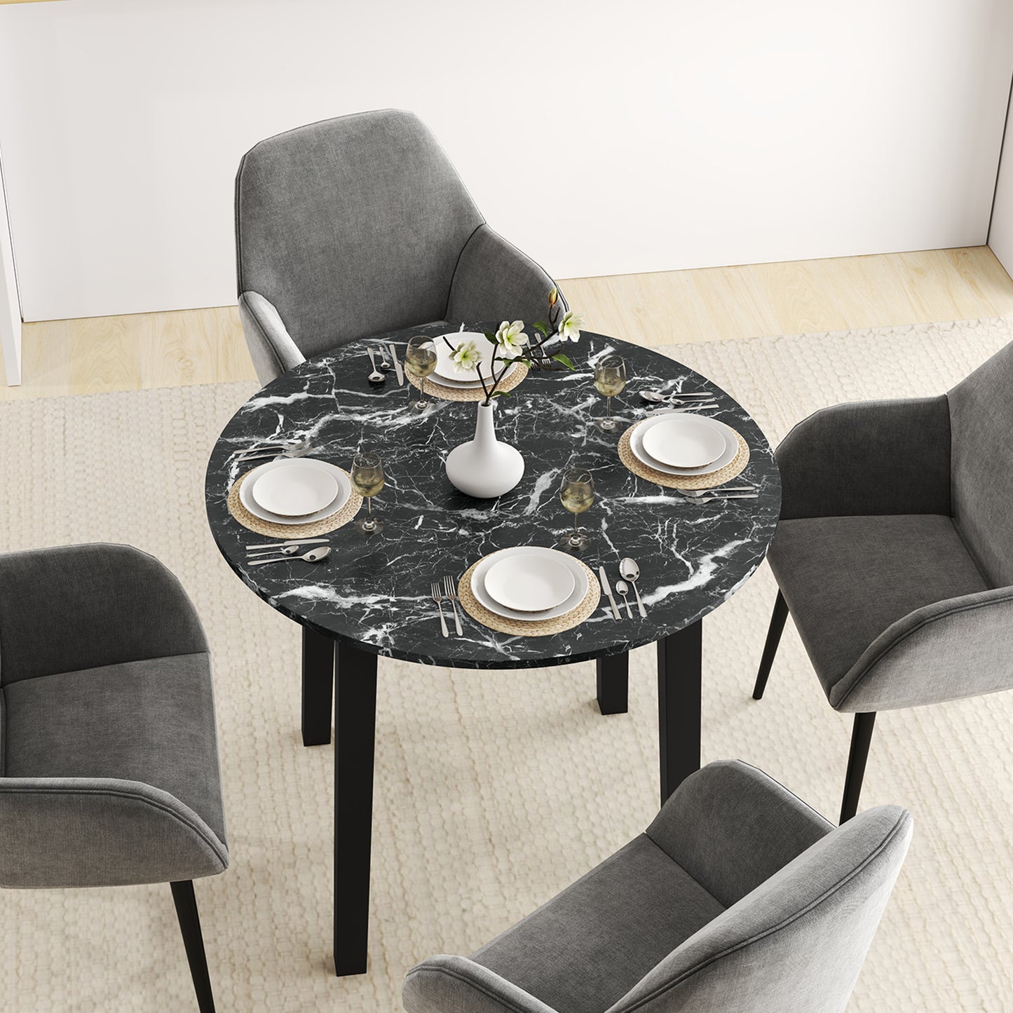 Modern 35 Inch Round Dining Table with Marble Finish Top and Solid Rubber Wood Legs in Black