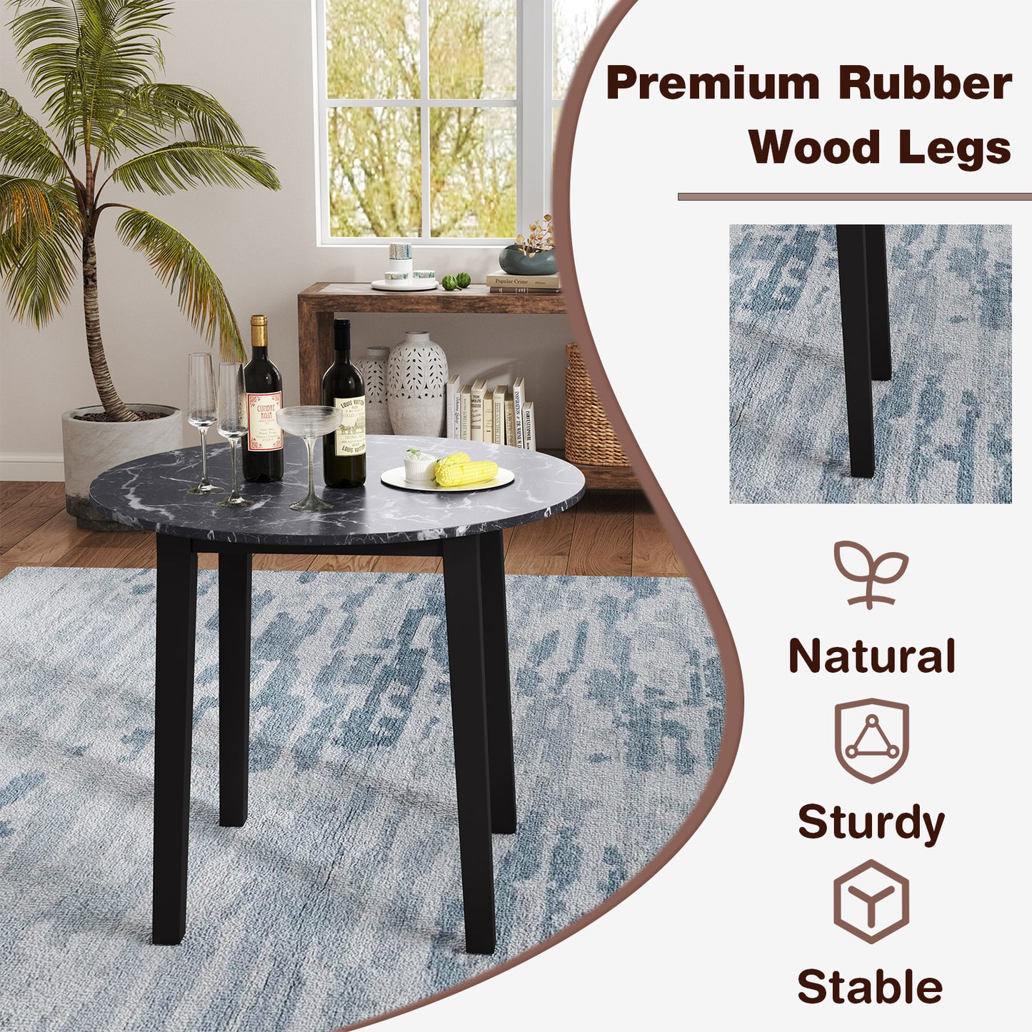 Modern 35 Inch Round Dining Table with Marble Finish Top and Solid Rubber Wood Legs in Black