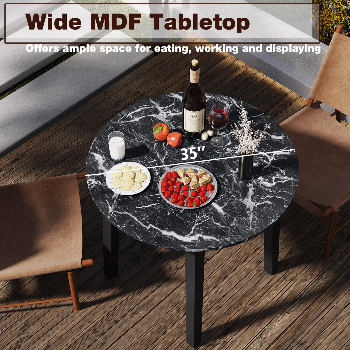 Modern 35 Inch Round Dining Table with Marble Finish Top and Solid Rubber Wood Legs in Black