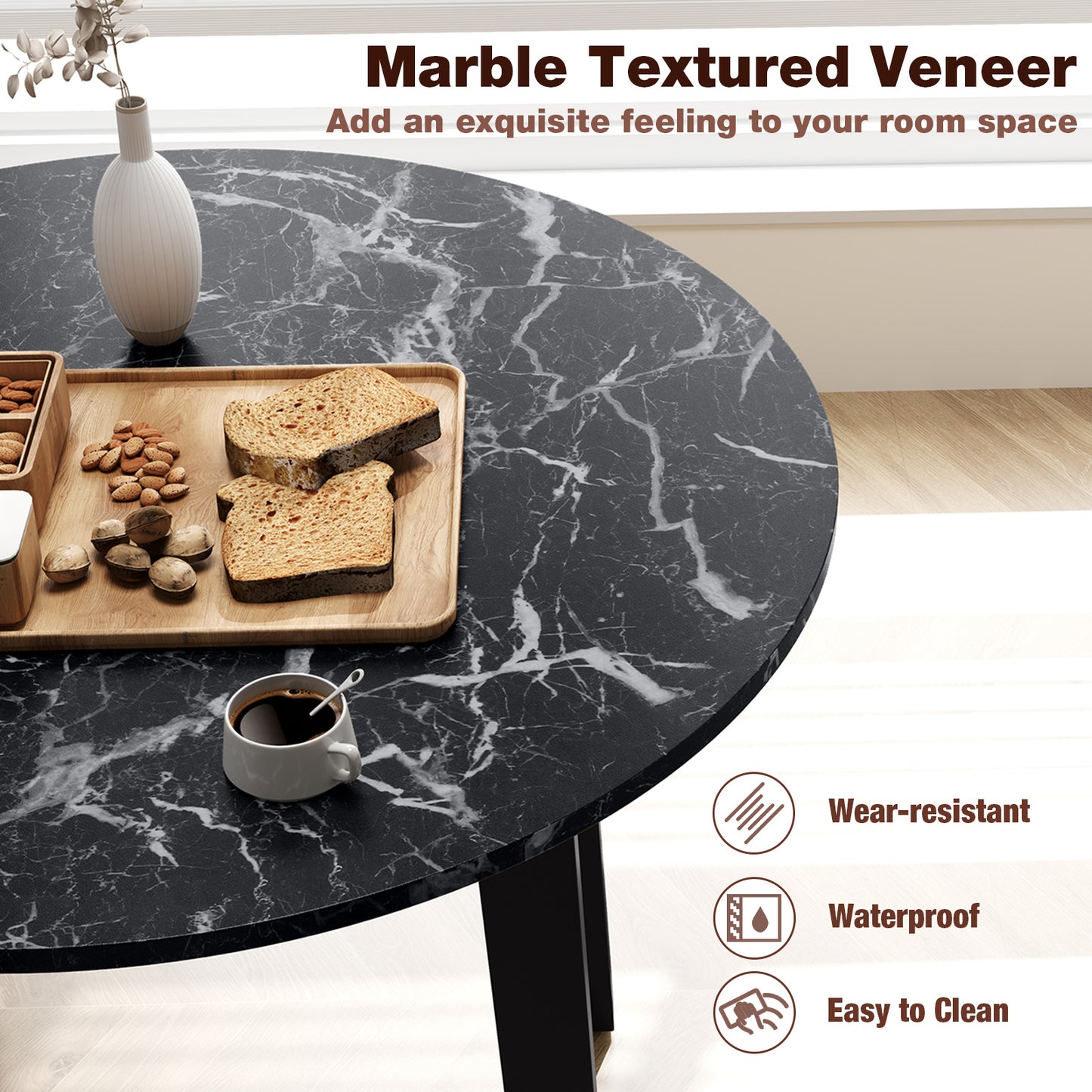 Modern 35 Inch Round Dining Table with Marble Finish Top and Solid Rubber Wood Legs in Black