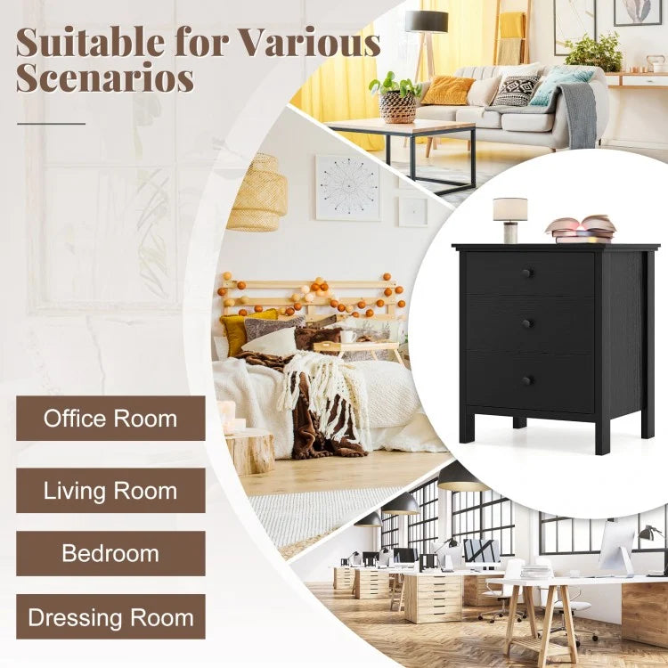 Sleek Wooden Nightstand with 3 Drawers for Bedroom or Living Room – Black
