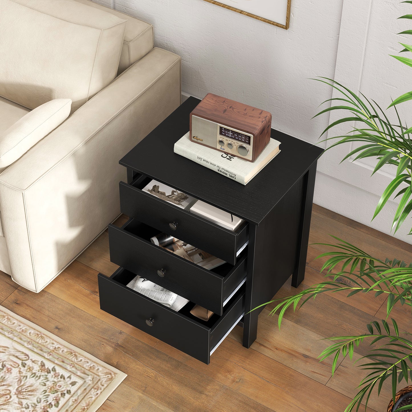 Sleek Wooden Nightstand with 3 Drawers for Bedroom or Living Room – Black