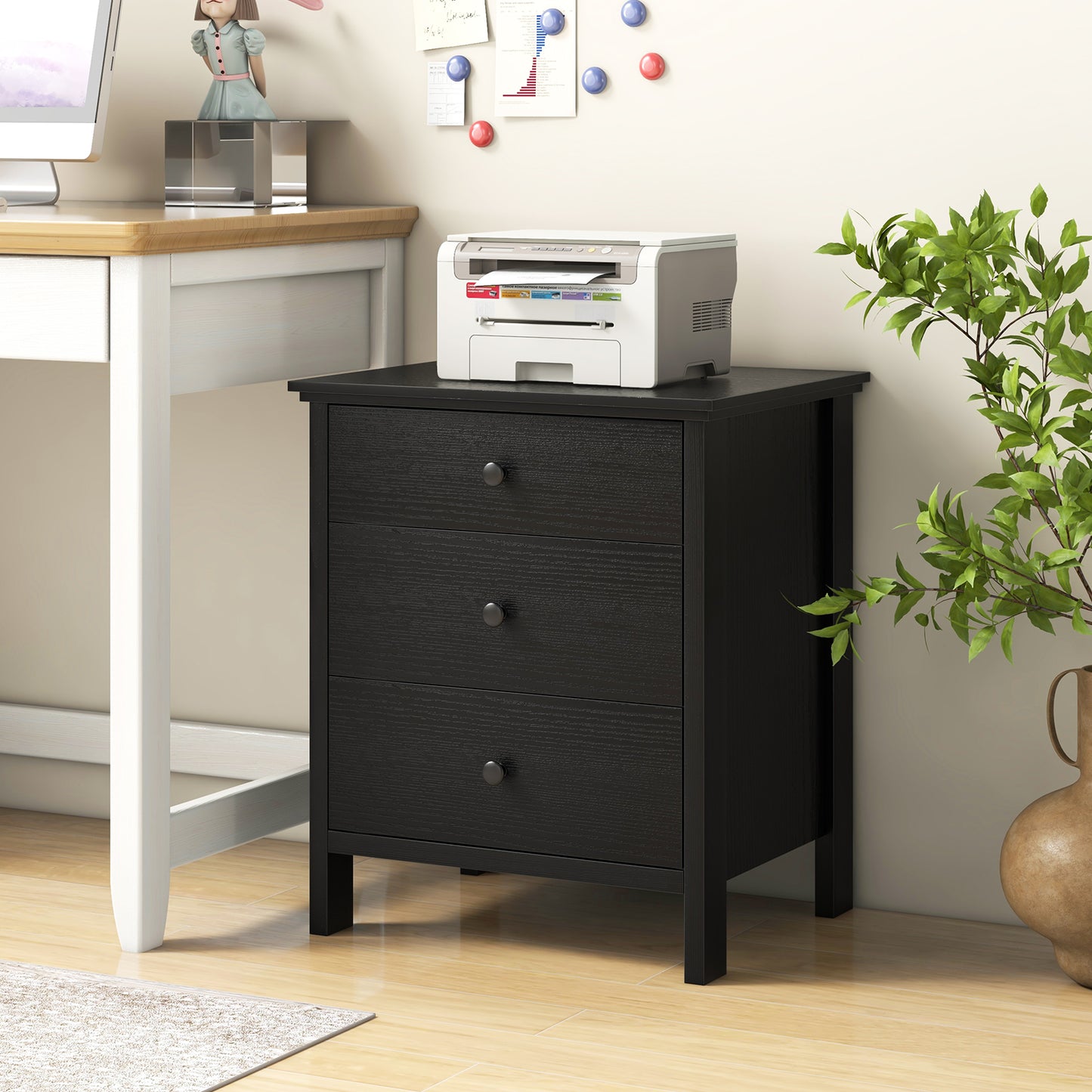 Sleek Wooden Nightstand with 3 Drawers for Bedroom or Living Room – Black
