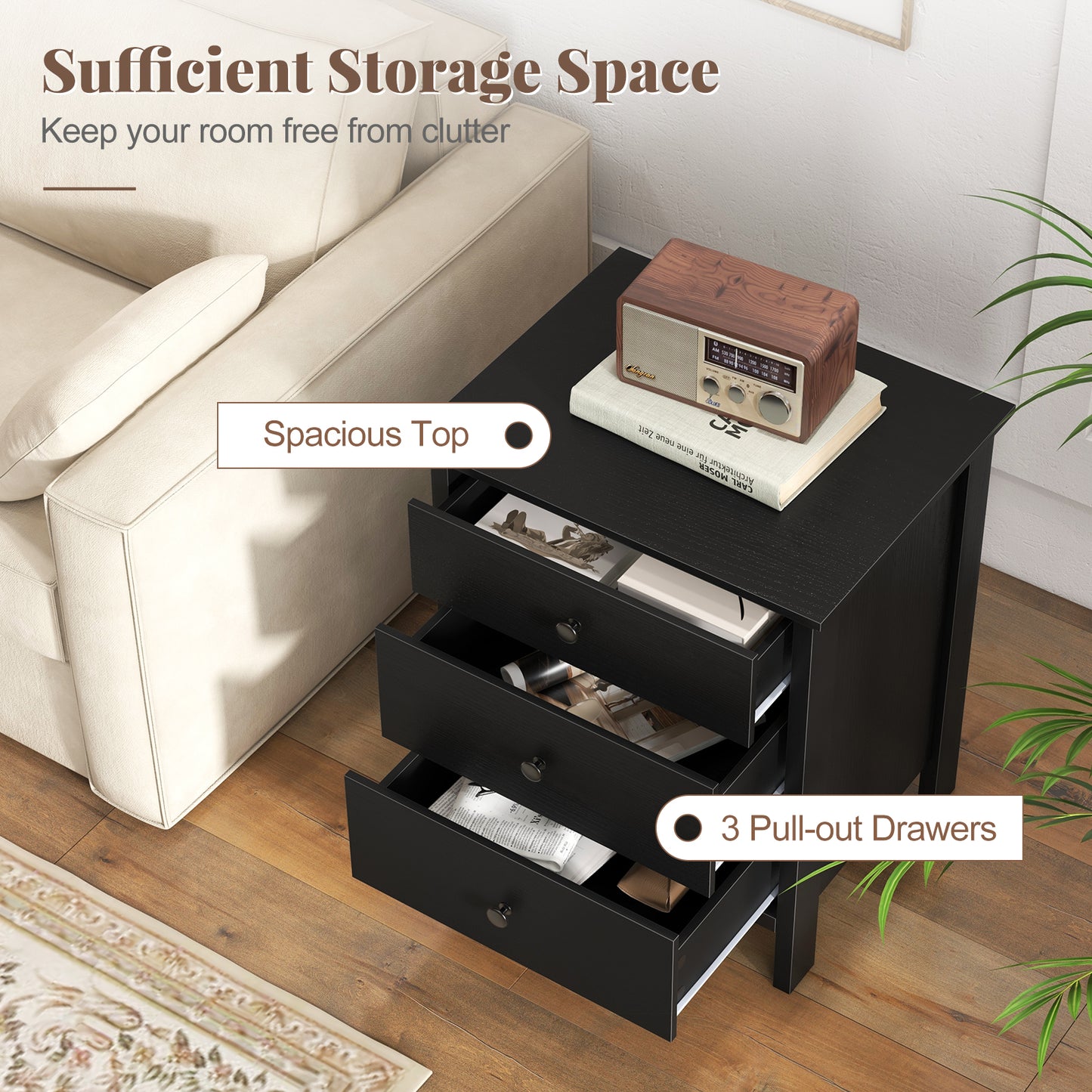 Sleek Wooden Nightstand with 3 Drawers for Bedroom or Living Room – Black
