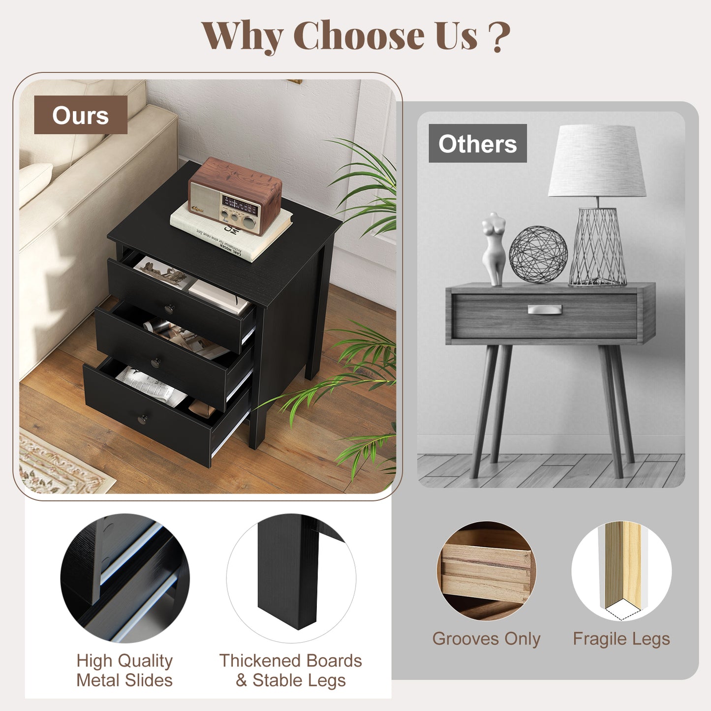 Sleek Wooden Nightstand with 3 Drawers for Bedroom or Living Room – Black