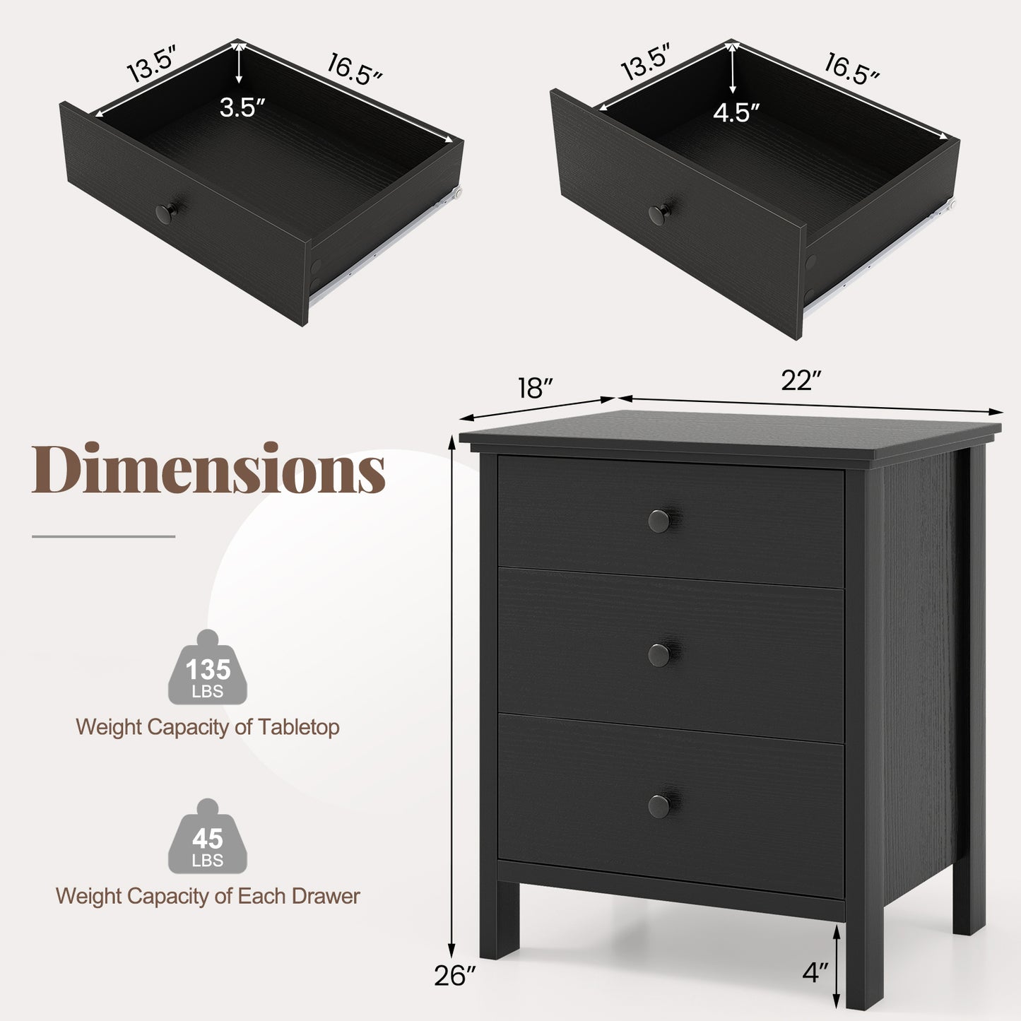 Sleek Wooden Nightstand with 3 Drawers for Bedroom or Living Room – Black