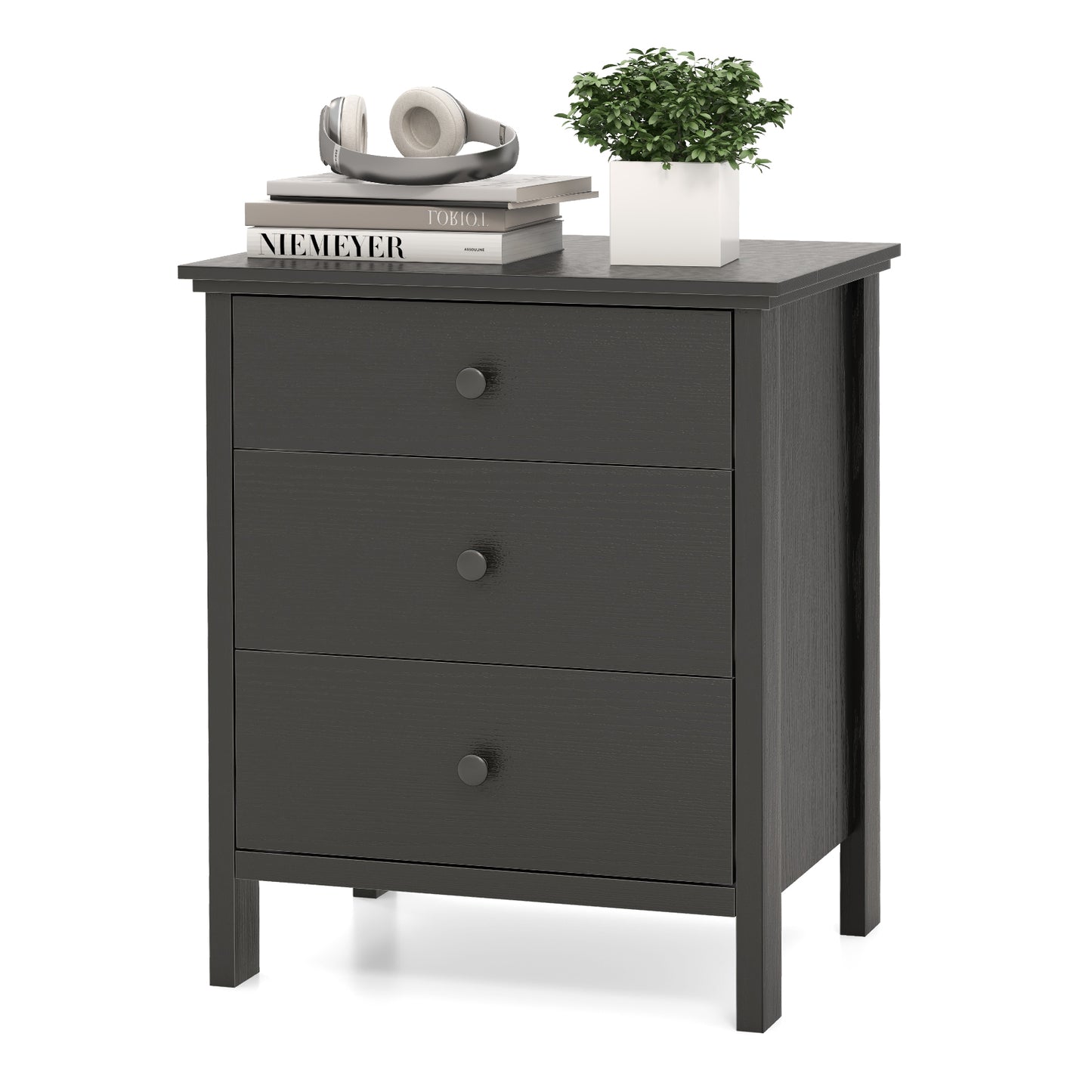 Sleek Wooden Nightstand with 3 Drawers for Bedroom or Living Room – Black