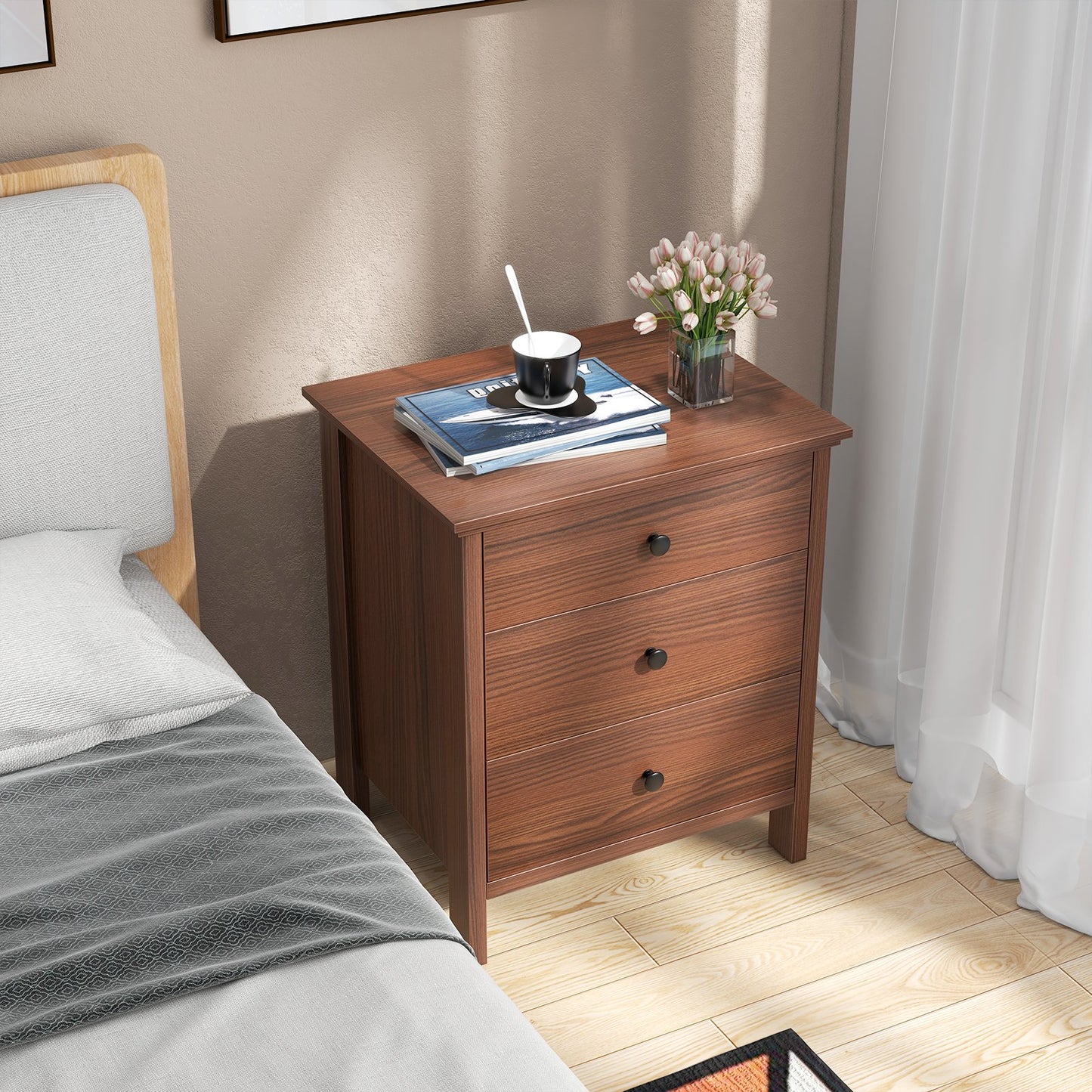 Sleek Wooden Nightstand with 3 Drawers for Bedroom or Living Room – Brown