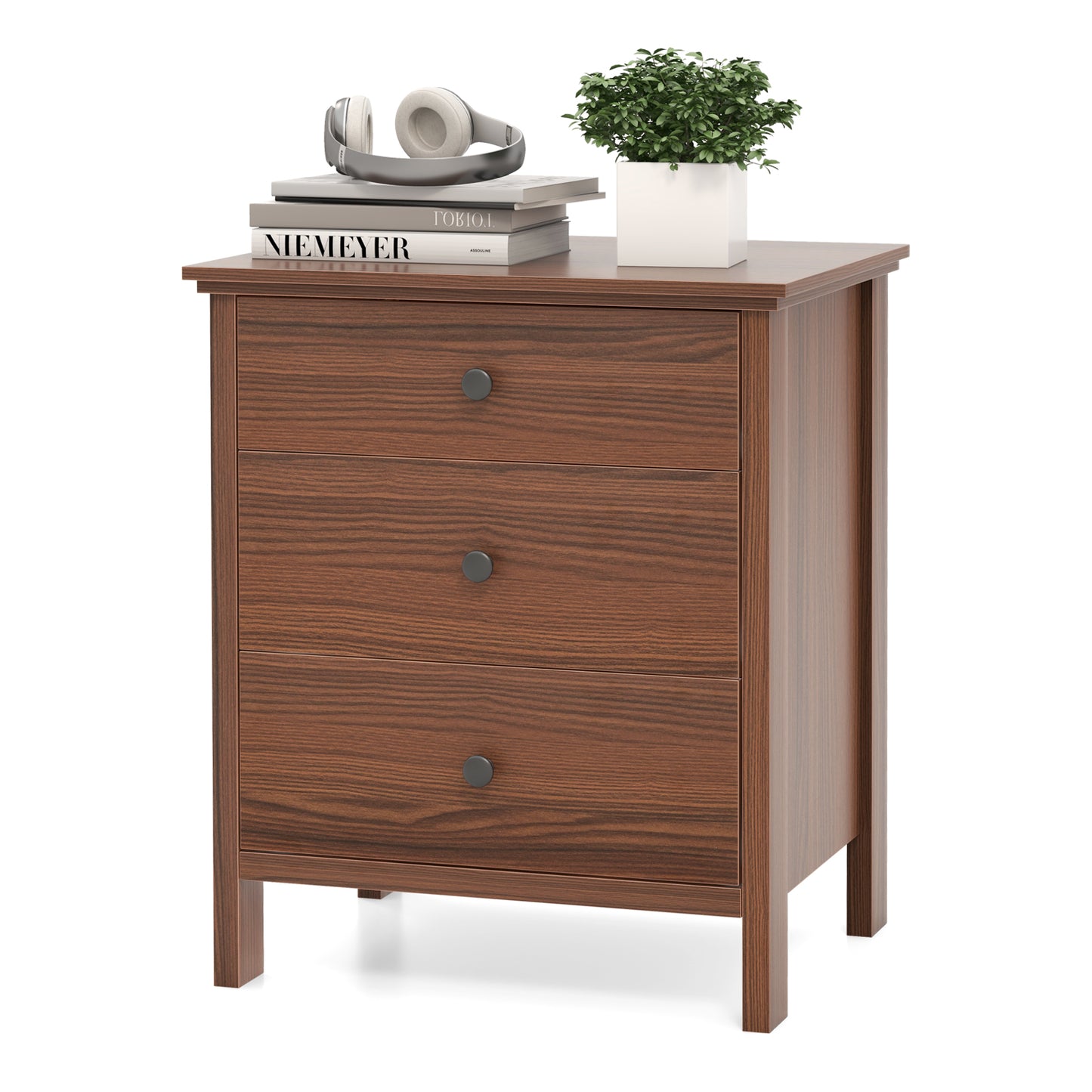Sleek Wooden Nightstand with 3 Drawers for Bedroom or Living Room – Brown
