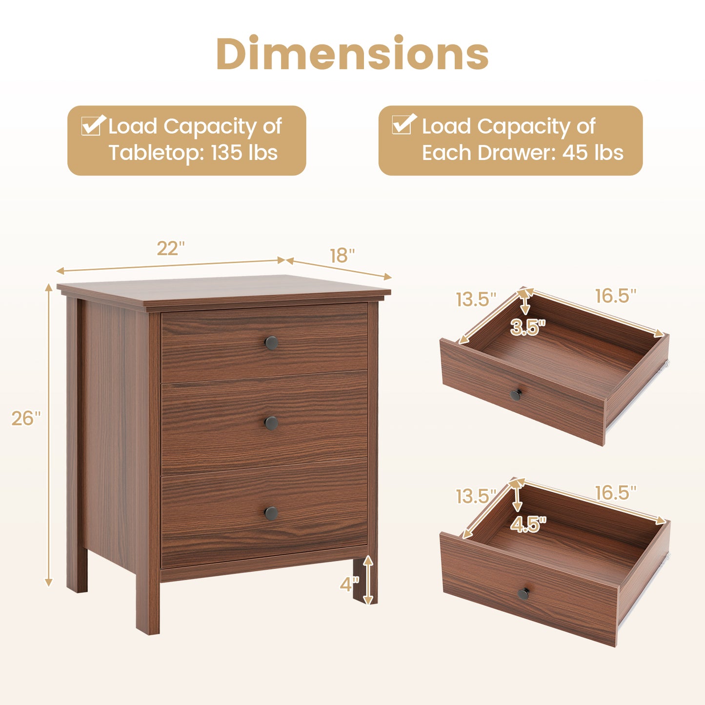 Sleek Wooden Nightstand with 3 Drawers for Bedroom or Living Room – Brown