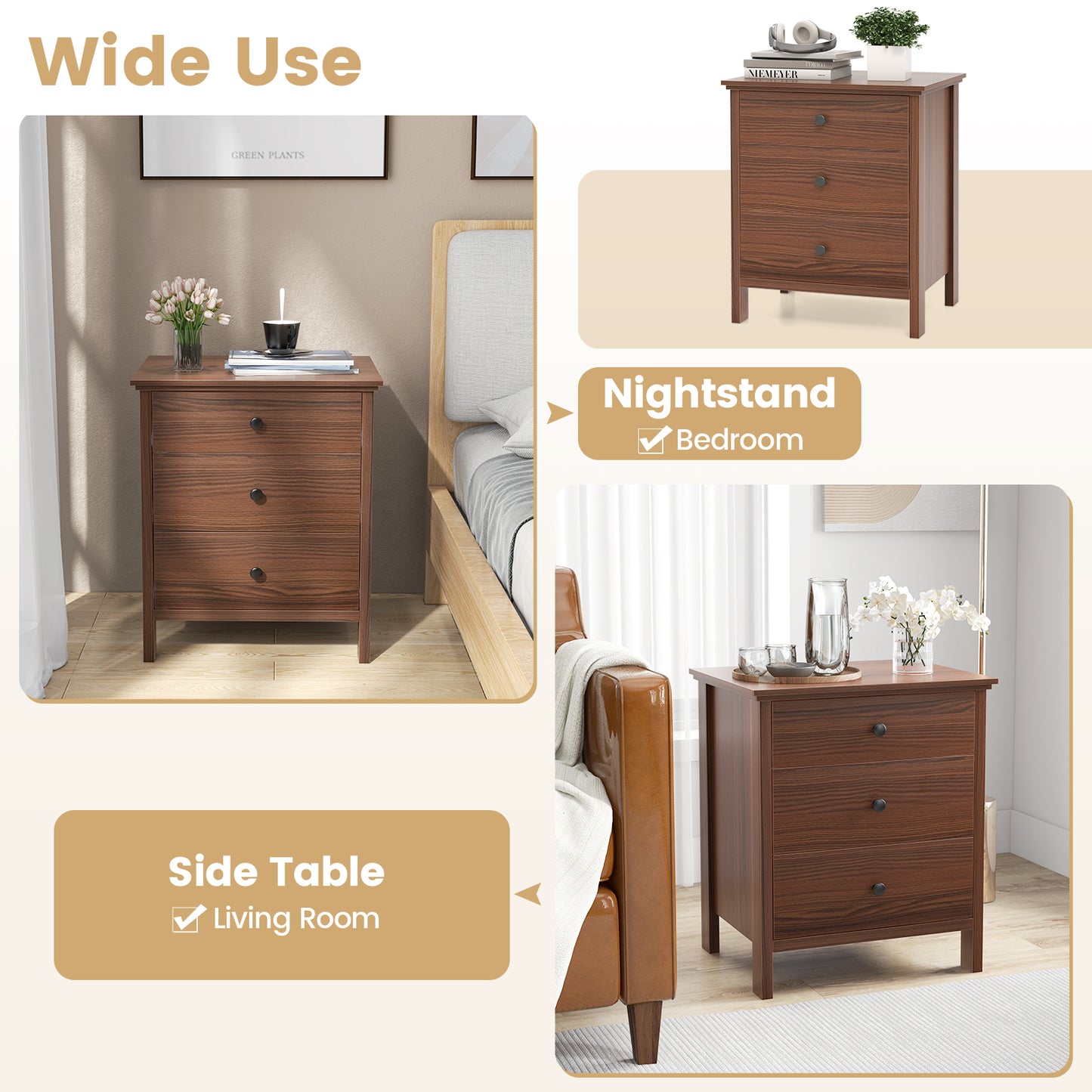 Sleek Wooden Nightstand with 3 Drawers for Bedroom or Living Room – Brown