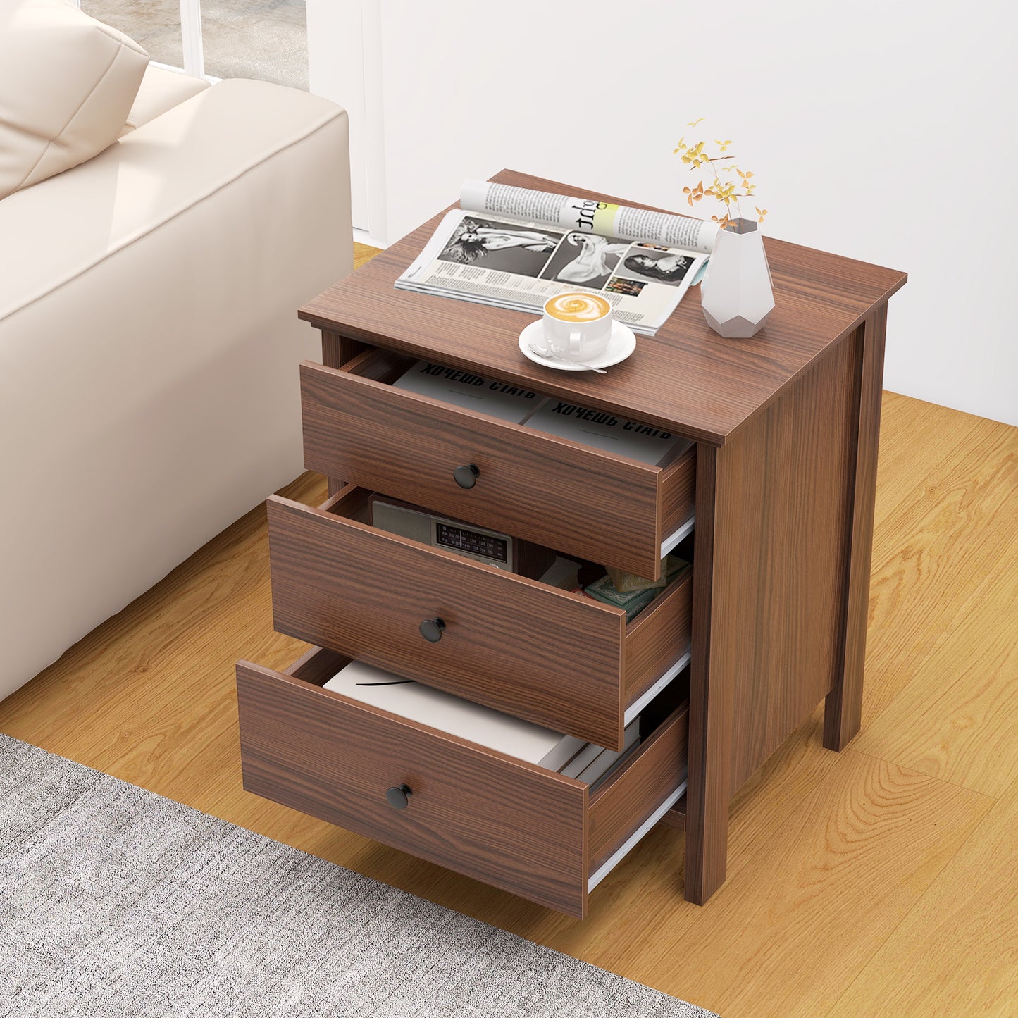 Sleek Wooden Nightstand with 3 Drawers for Bedroom or Living Room – Brown