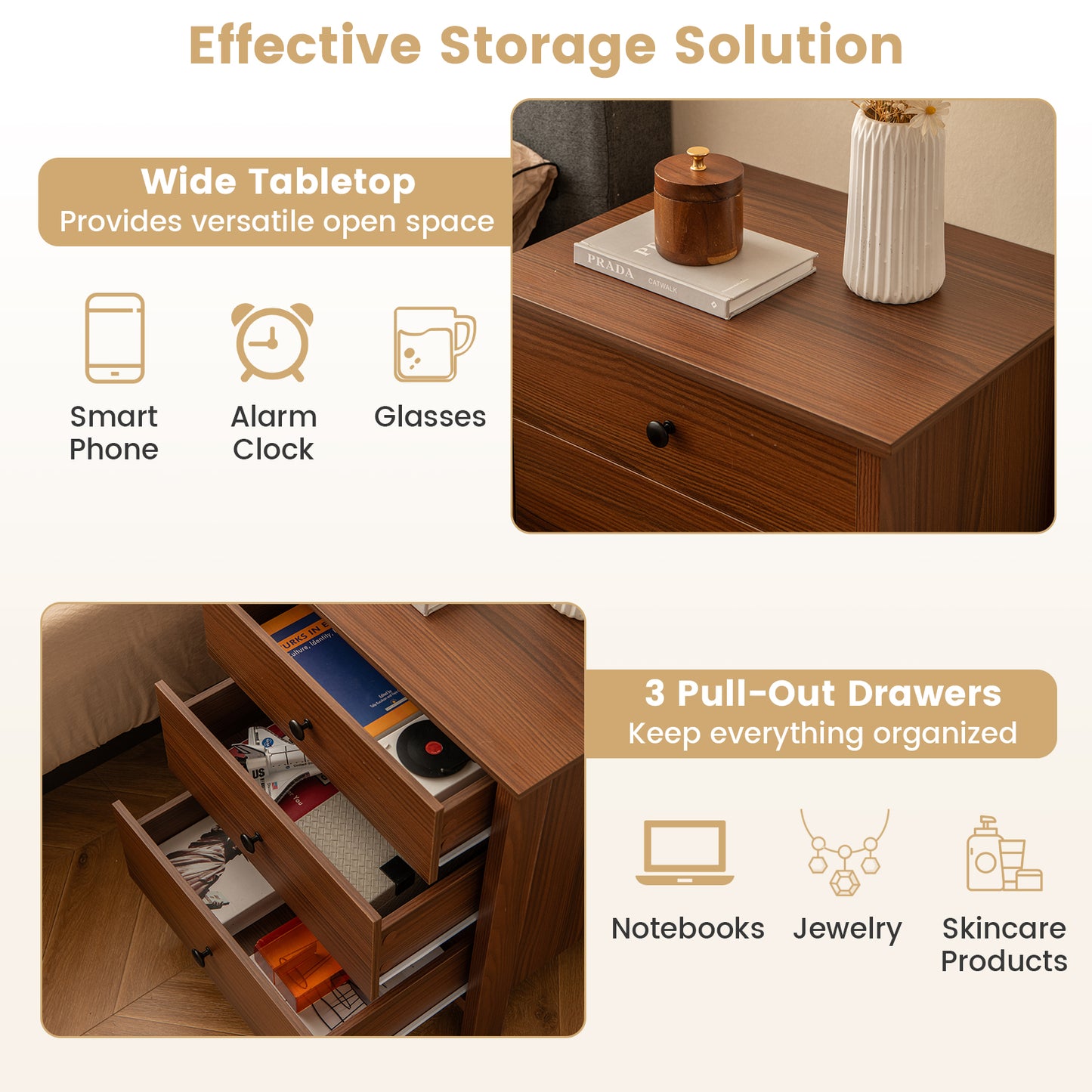 Sleek Wooden Nightstand with 3 Drawers for Bedroom or Living Room – Brown