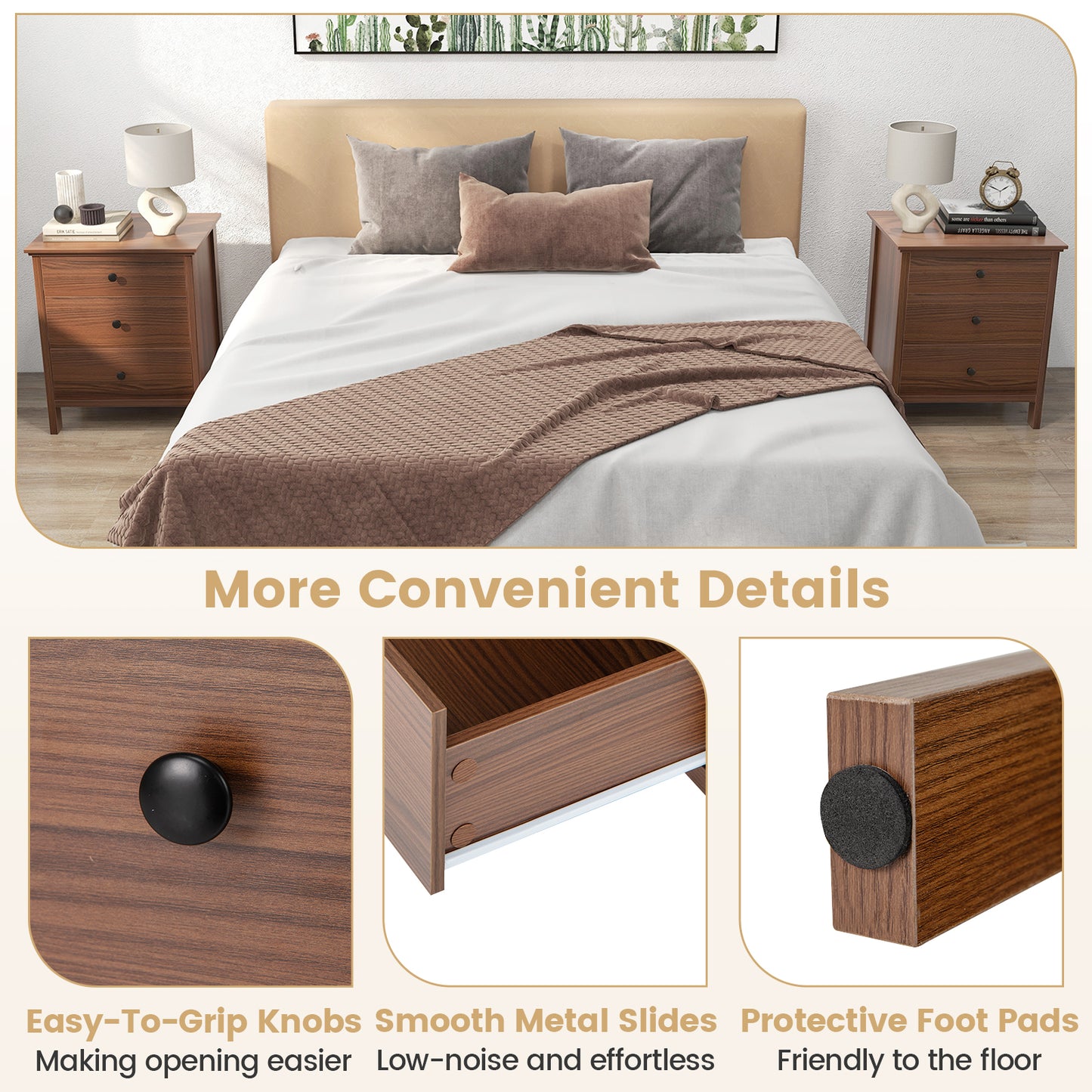 Sleek Wooden Nightstand with 3 Drawers for Bedroom or Living Room – Brown