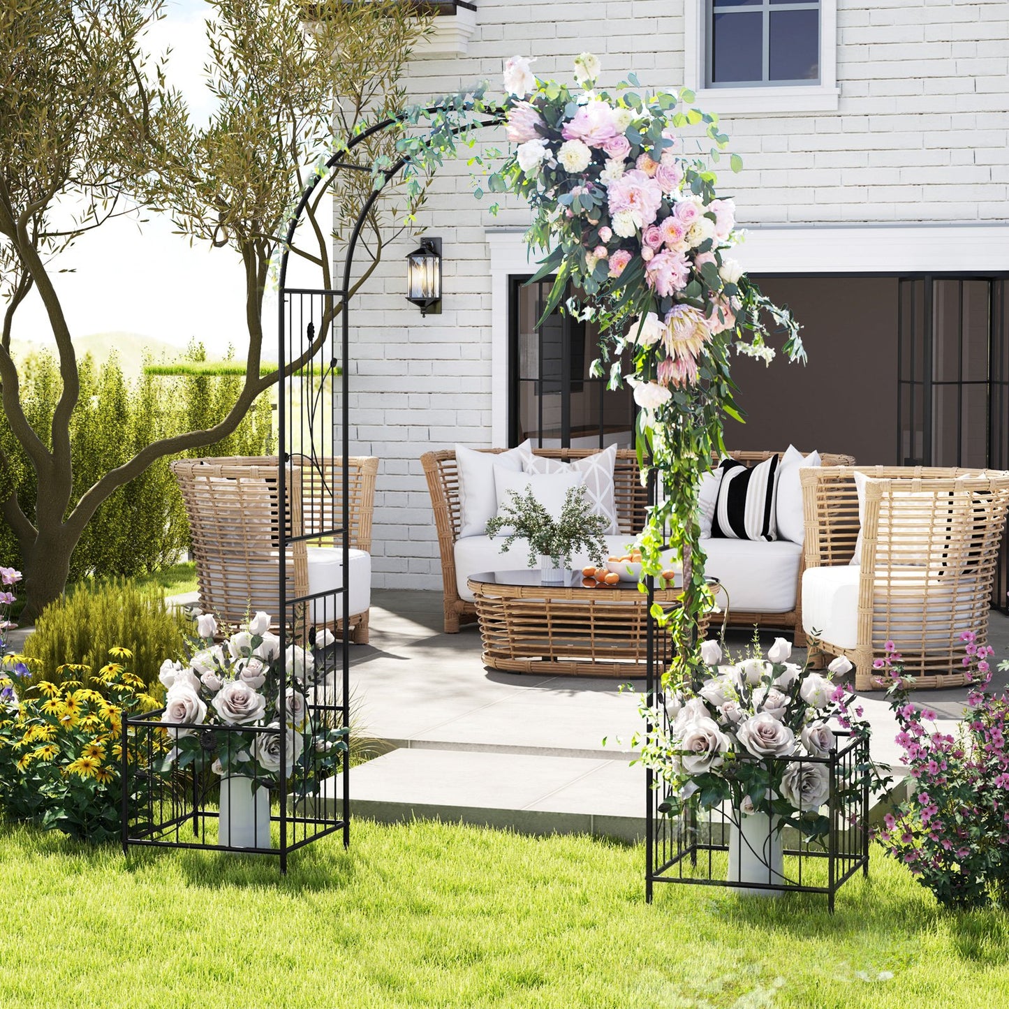Multifunctional Garden Arbor with Side Planters, Climbing Arch & 8 Ground Stakes