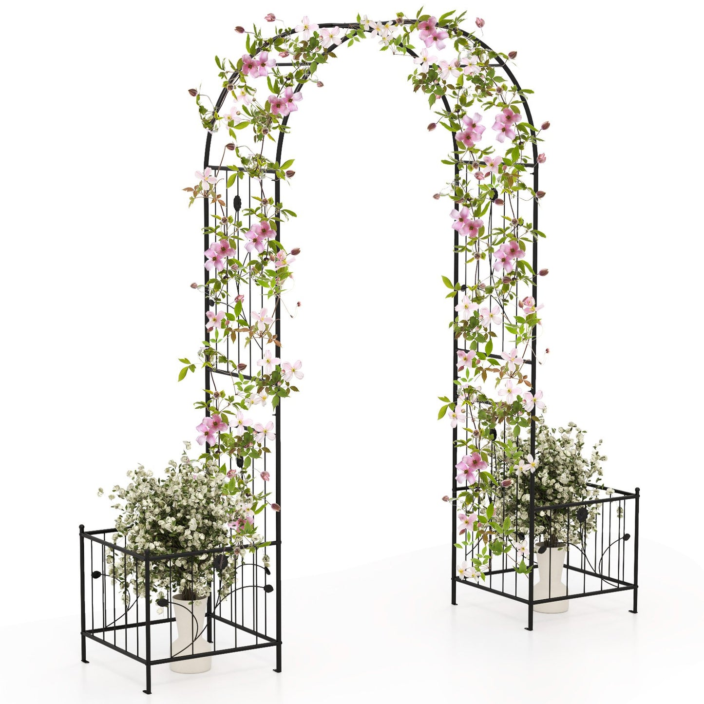 Multifunctional Garden Arbor with Side Planters, Climbing Arch & 8 Ground Stakes