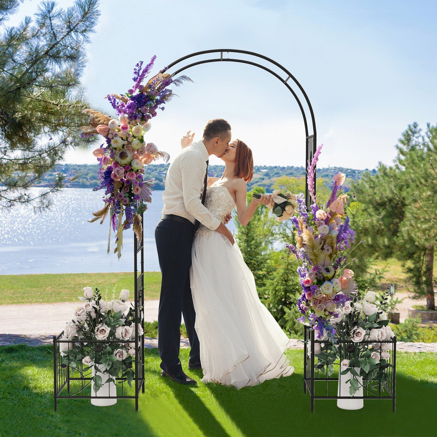 Multifunctional Garden Arbor with Side Planters, Climbing Arch & 8 Ground Stakes