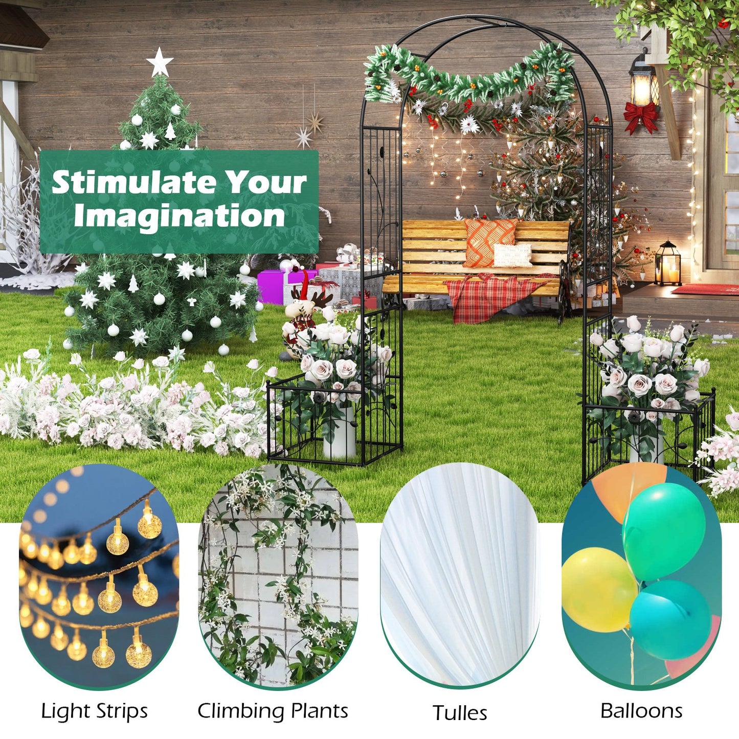 Multifunctional Garden Arbor with Side Planters, Climbing Arch & 8 Ground Stakes