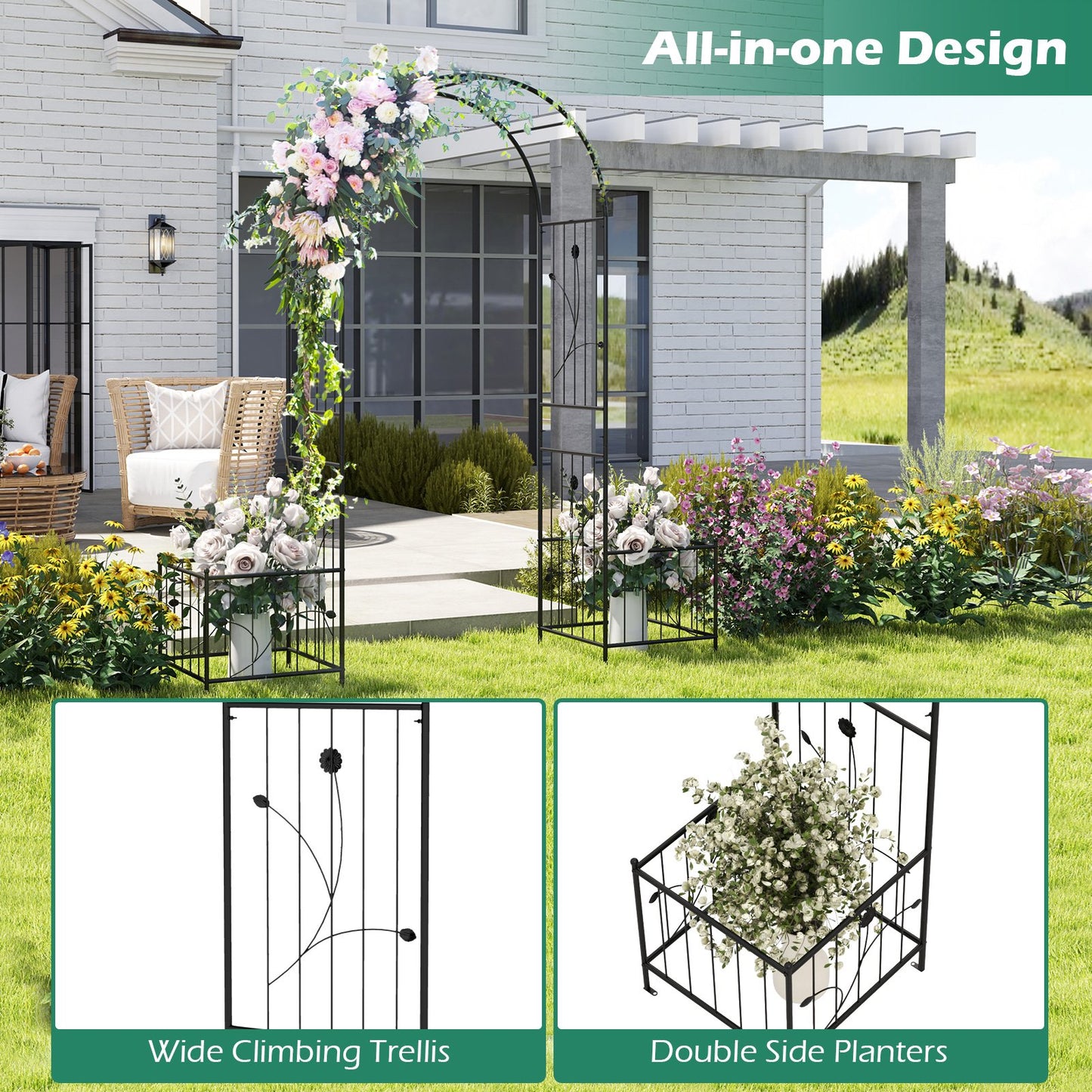 Multifunctional Garden Arbor with Side Planters, Climbing Arch & 8 Ground Stakes
