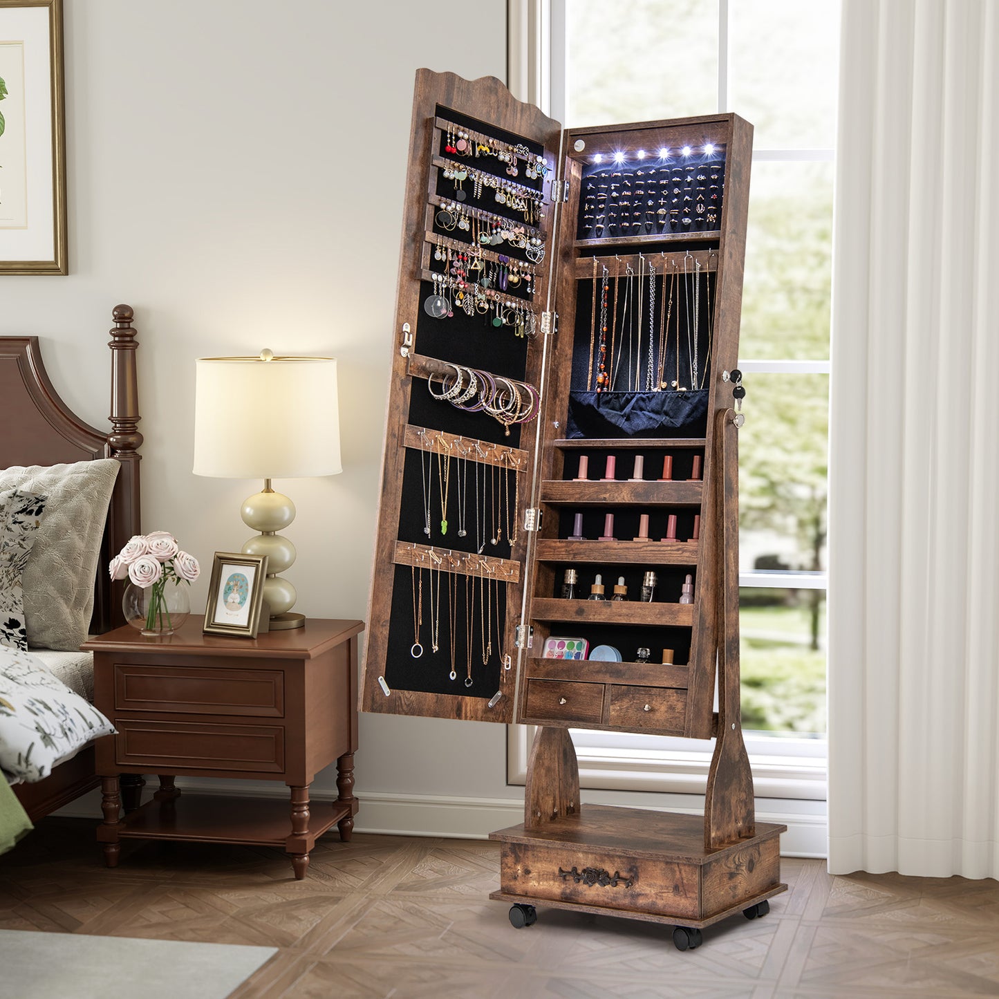 Rolling Full-Length Mirror Jewelry Armoire with Lockable Storage, Drawers and LED Lighting – Rustic Brown