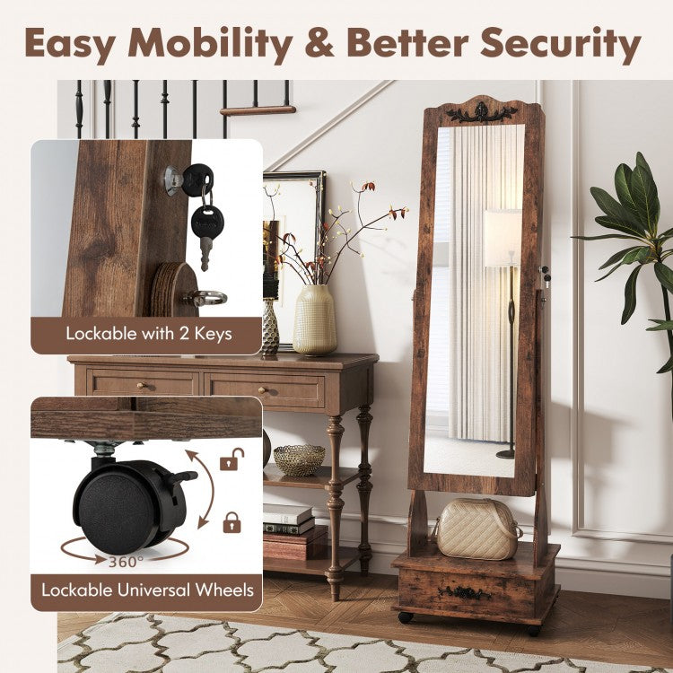 Rolling Full-Length Mirror Jewelry Armoire with Lockable Storage, Drawers and LED Lighting – Rustic Brown