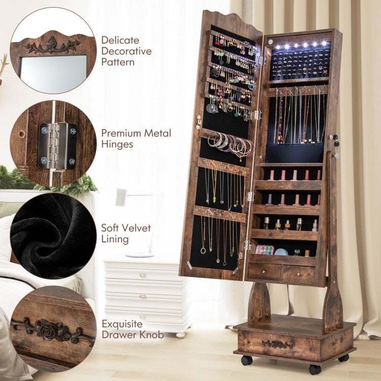 Rolling Full-Length Mirror Jewelry Armoire with Lockable Storage, Drawers and LED Lighting – Rustic Brown