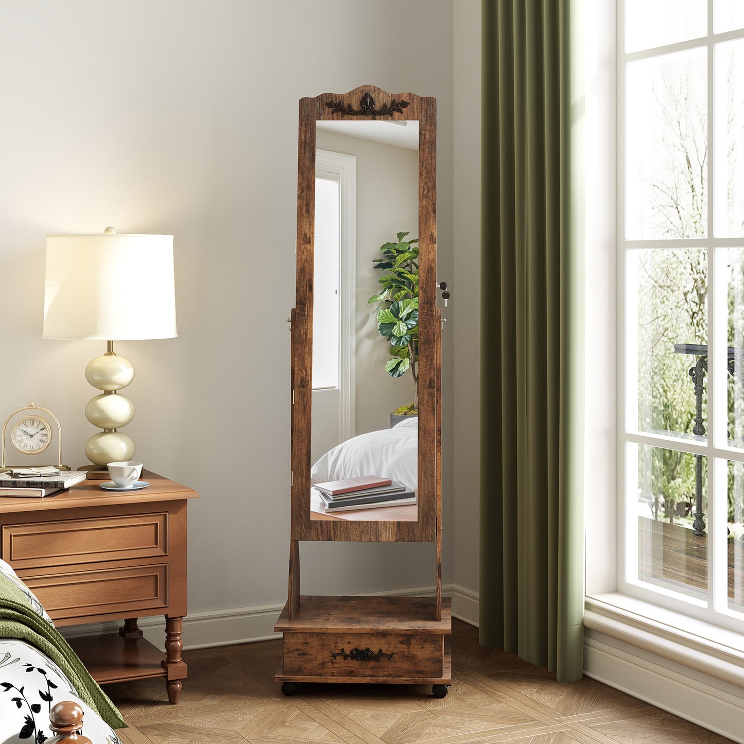 Rolling Full-Length Mirror Jewelry Armoire with Lockable Storage, Drawers and LED Lighting – Rustic Brown