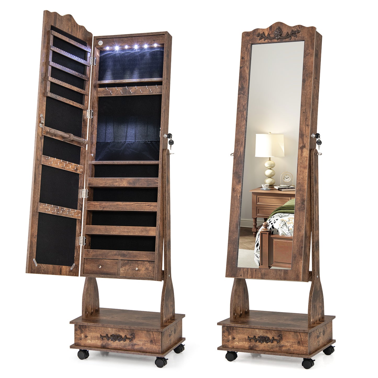 Rolling Full-Length Mirror Jewelry Armoire with Lockable Storage, Drawers and LED Lighting – Rustic Brown