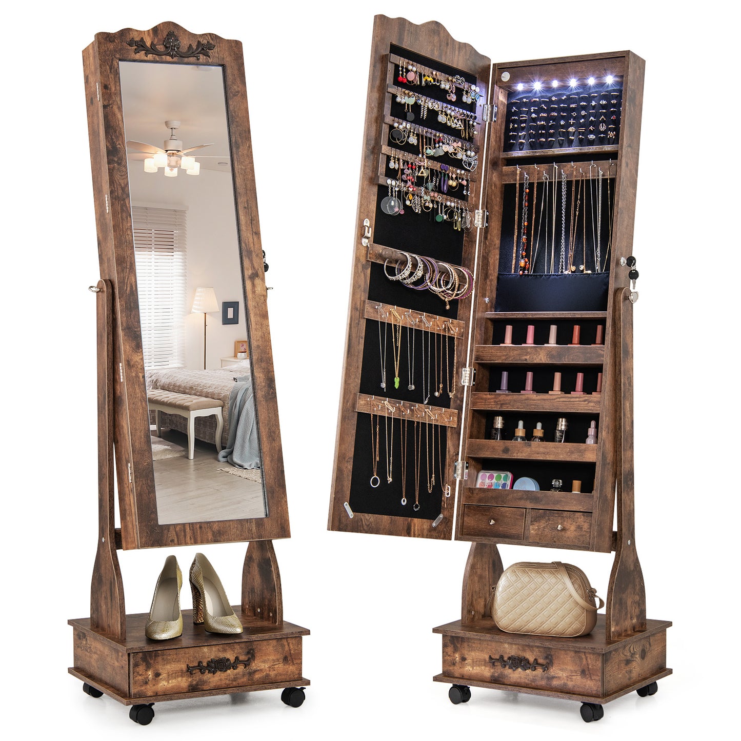Rolling Full-Length Mirror Jewelry Armoire with Lockable Storage, Drawers and LED Lighting – Rustic Brown