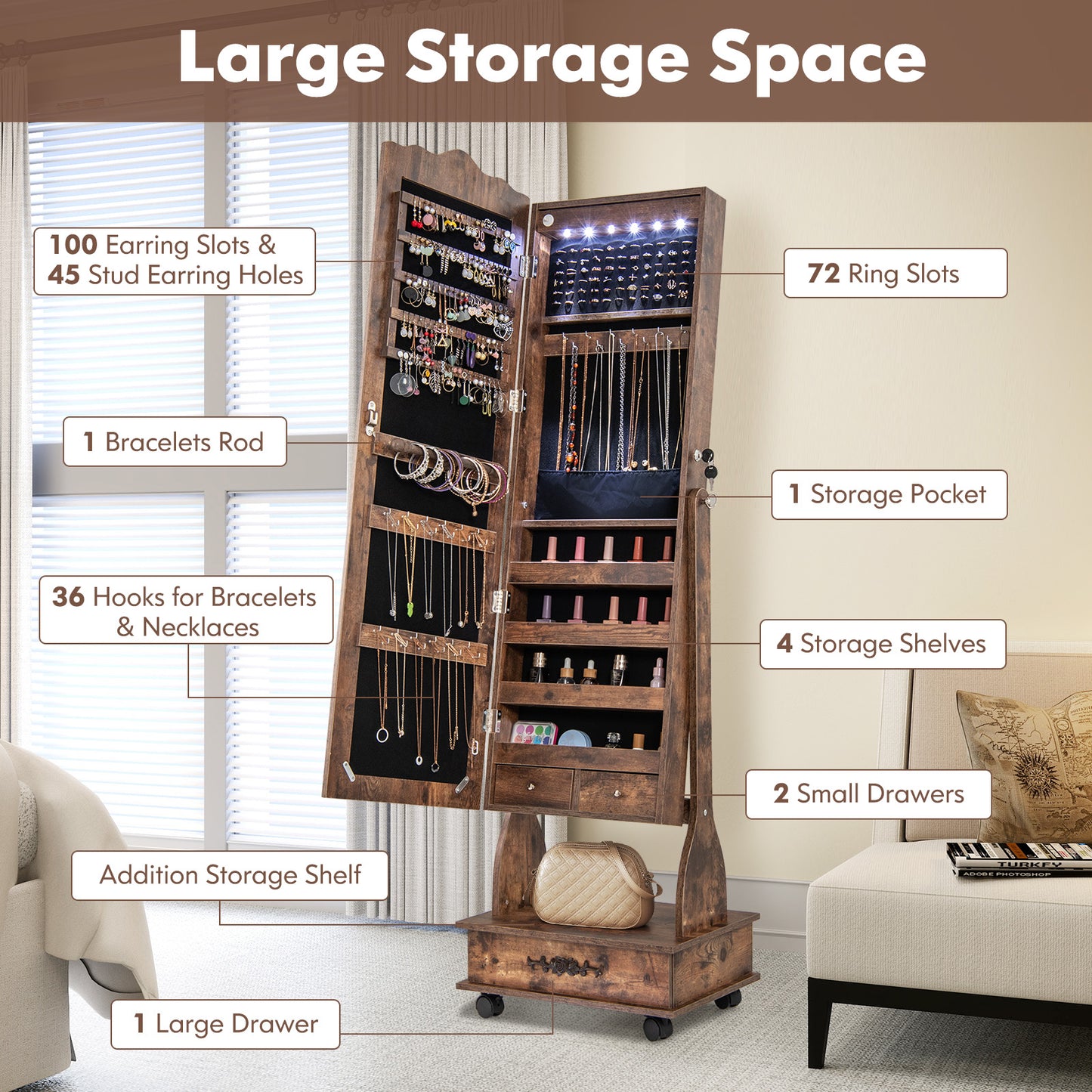Rolling Full-Length Mirror Jewelry Armoire with Lockable Storage, Drawers and LED Lighting – Rustic Brown
