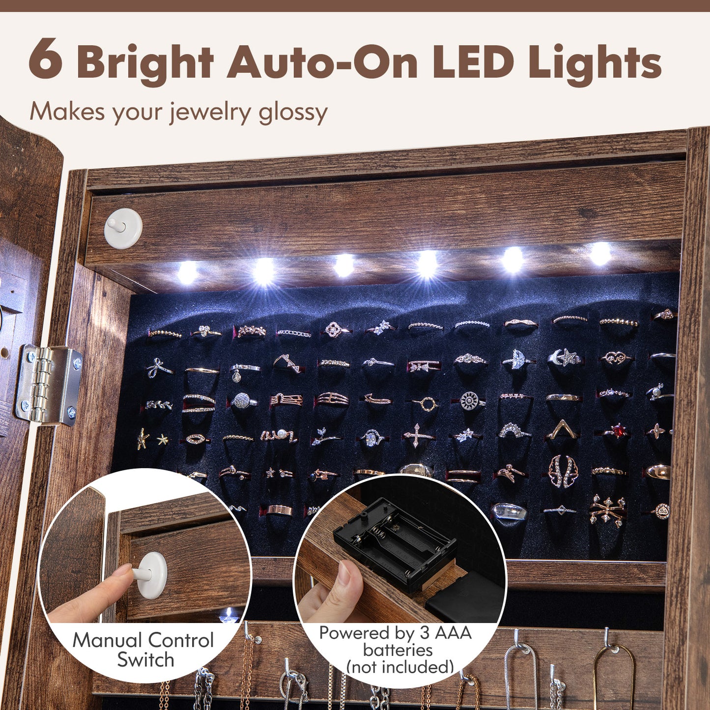 Rolling Full-Length Mirror Jewelry Armoire with Lockable Storage, Drawers and LED Lighting – Rustic Brown