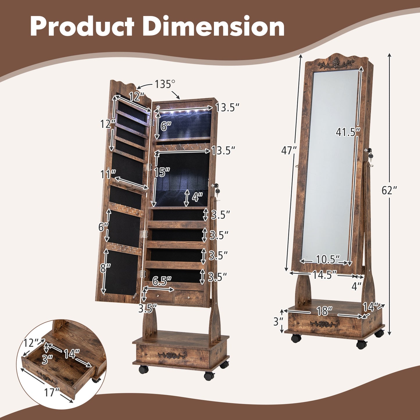 Rolling Full-Length Mirror Jewelry Armoire with Lockable Storage, Drawers and LED Lighting – Rustic Brown