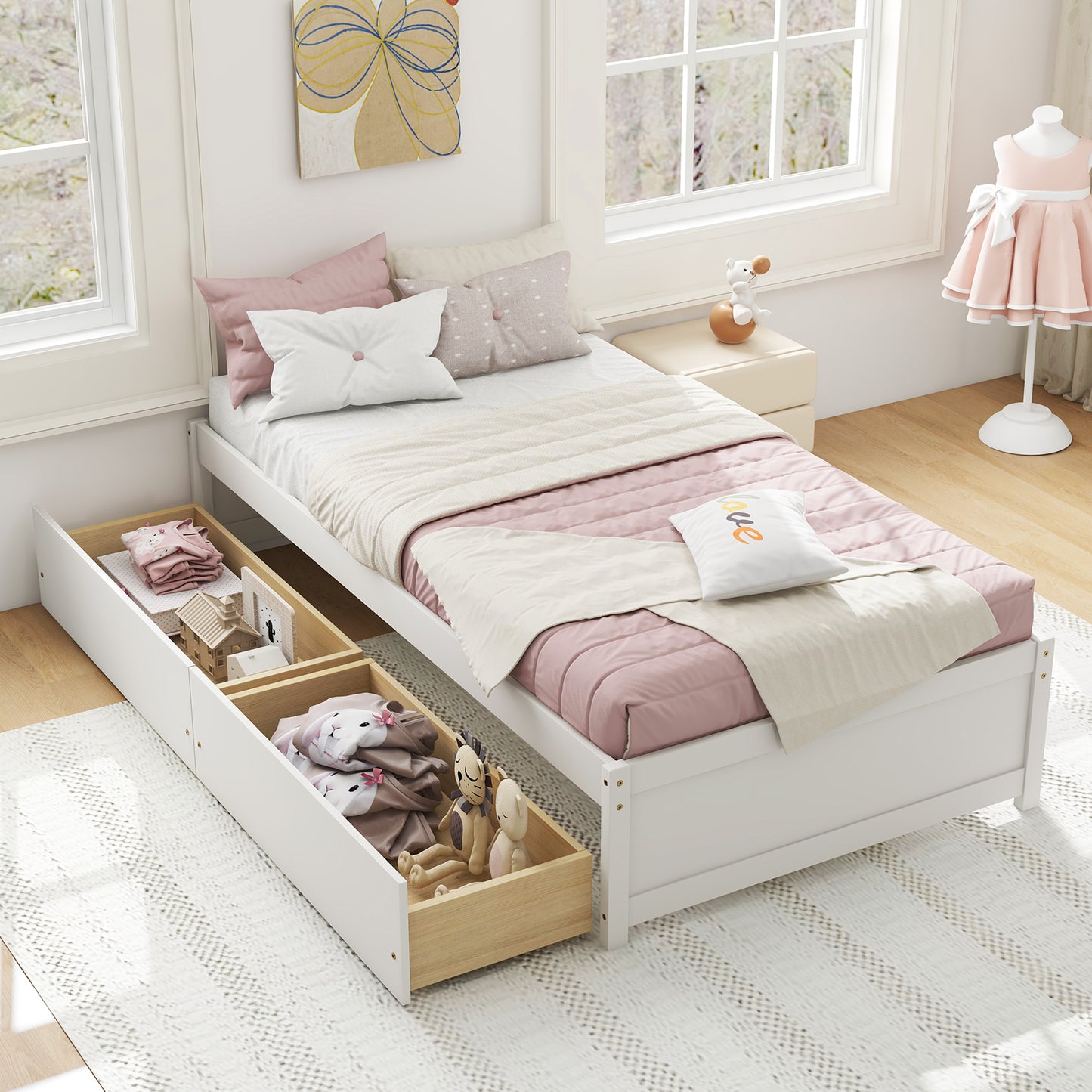 Wooden Twin Captain Bed with Storage Drawers and Slatted Support, White