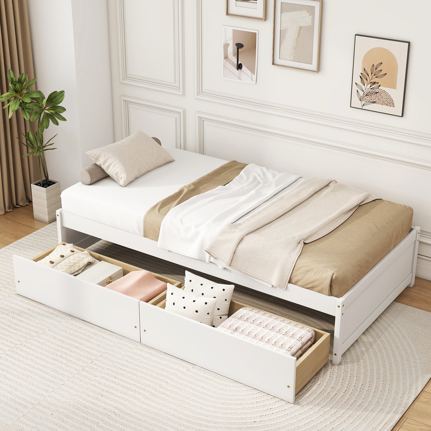 Wooden Twin Captain Bed with Storage Drawers and Slatted Support, White
