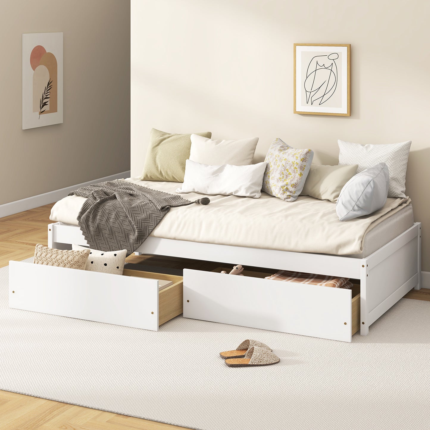 Wooden Twin Captain Bed with Storage Drawers and Slatted Support, White