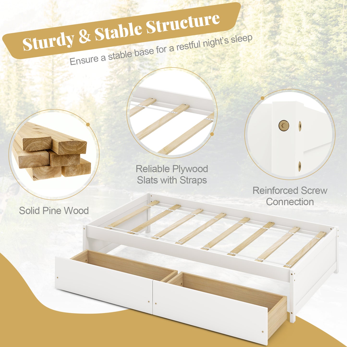 Wooden Twin Captain Bed with Storage Drawers and Slatted Support, White
