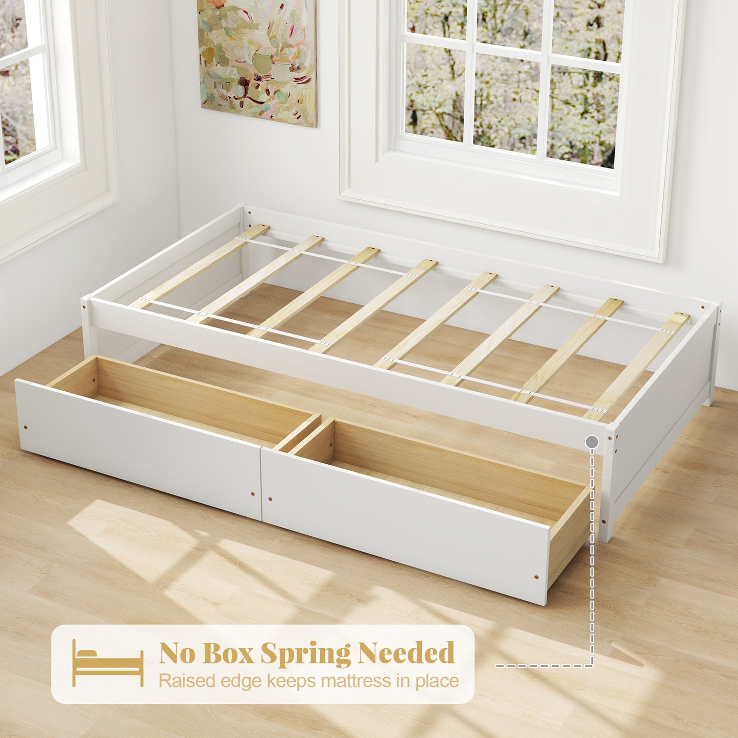 Wooden Twin Captain Bed with Storage Drawers and Slatted Support, White