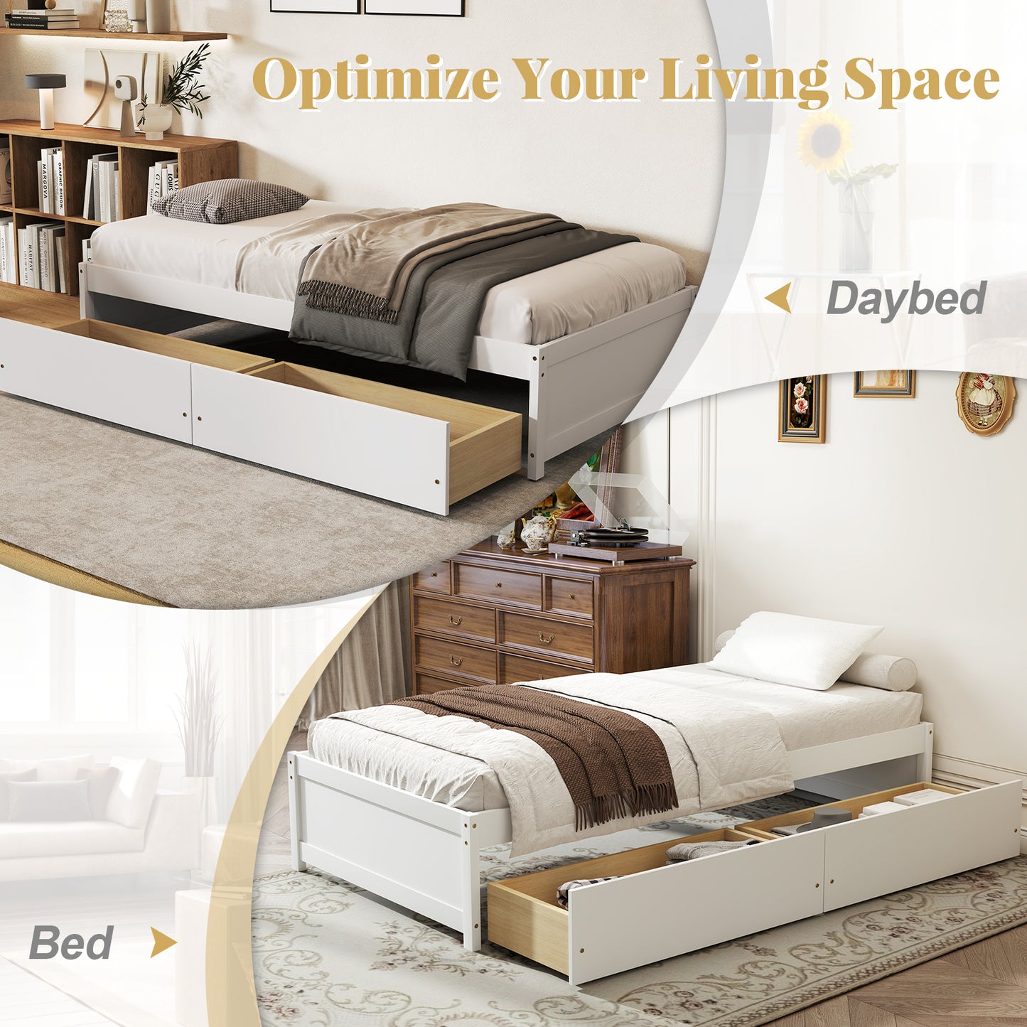 Wooden Twin Captain Bed with Storage Drawers and Slatted Support, White