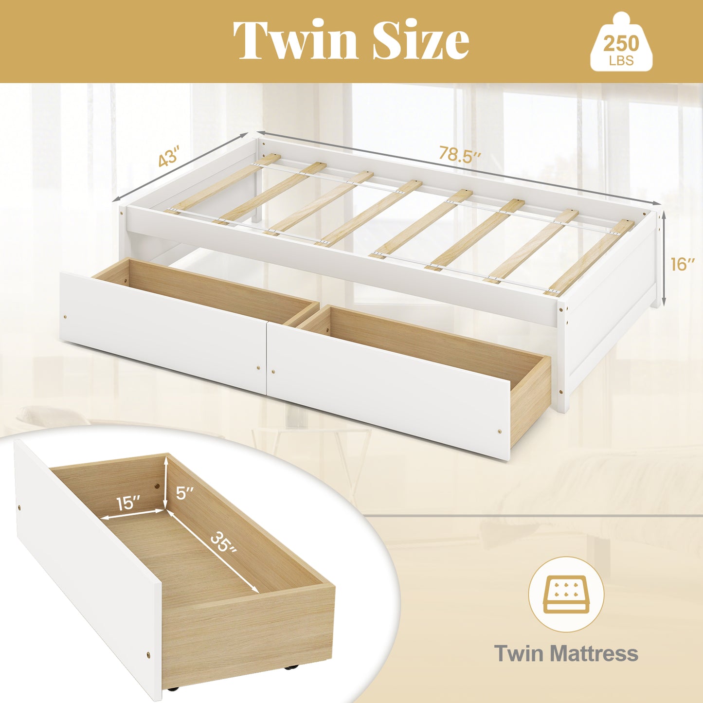 Wooden Twin Captain Bed with Storage Drawers and Slatted Support, White