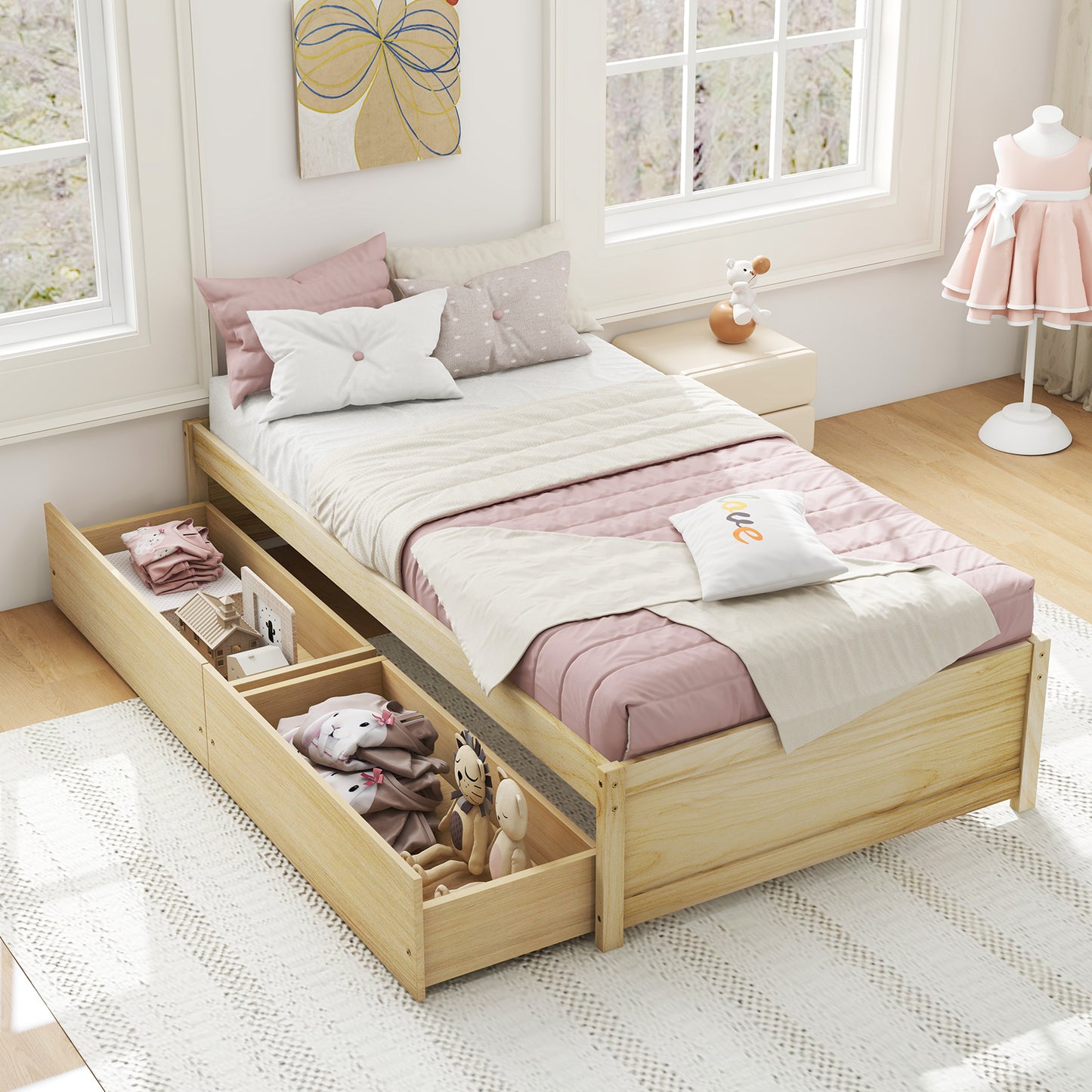 Wooden Twin Captain Bed with Storage Drawers and Slatted Support, Natural Finish