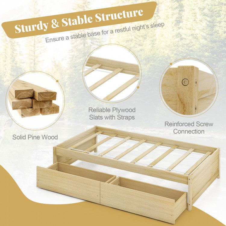Wooden Twin Captain Bed with Storage Drawers and Slatted Support, Natural Finish