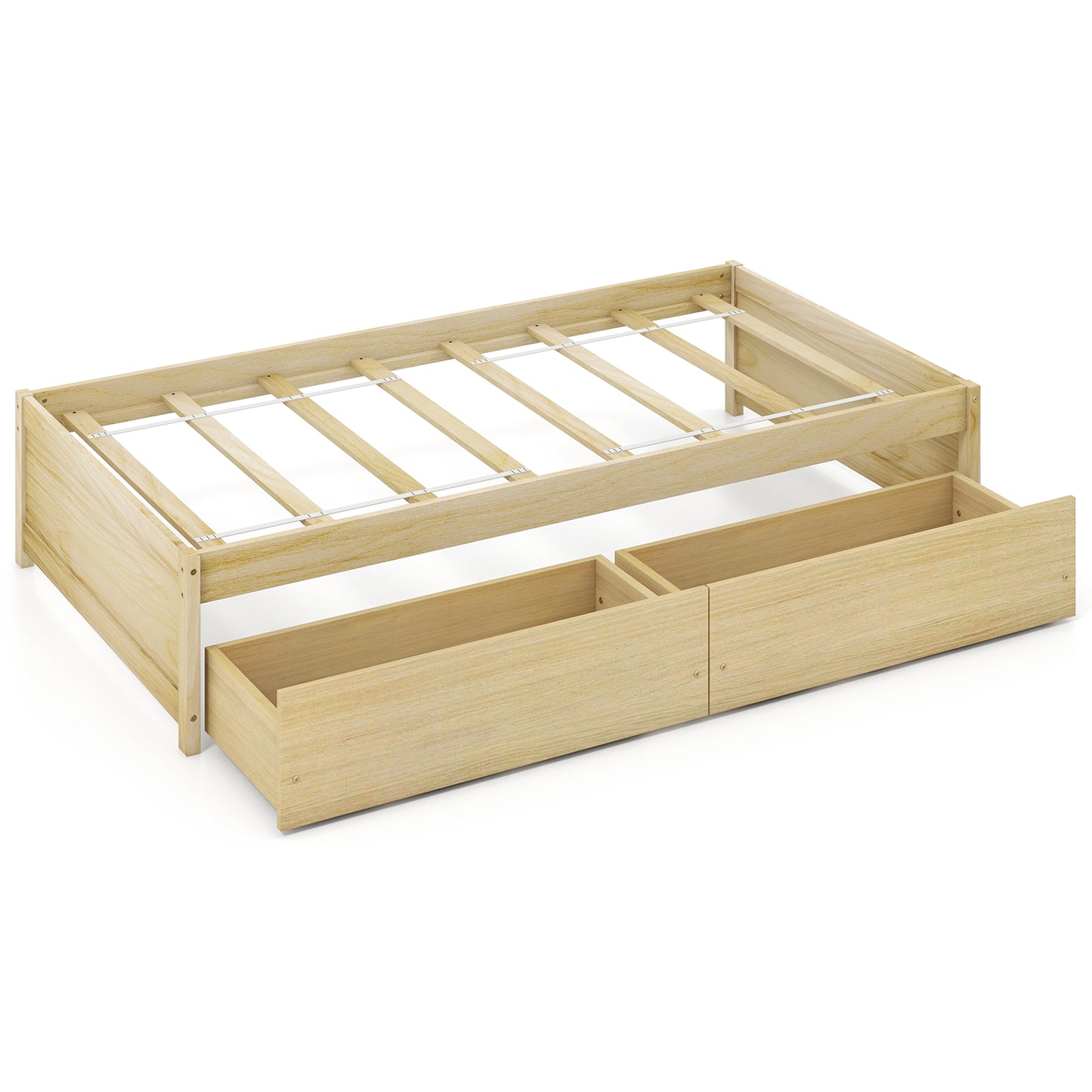 Wooden Twin Captain Bed with Storage Drawers and Slatted Support, Natural Finish