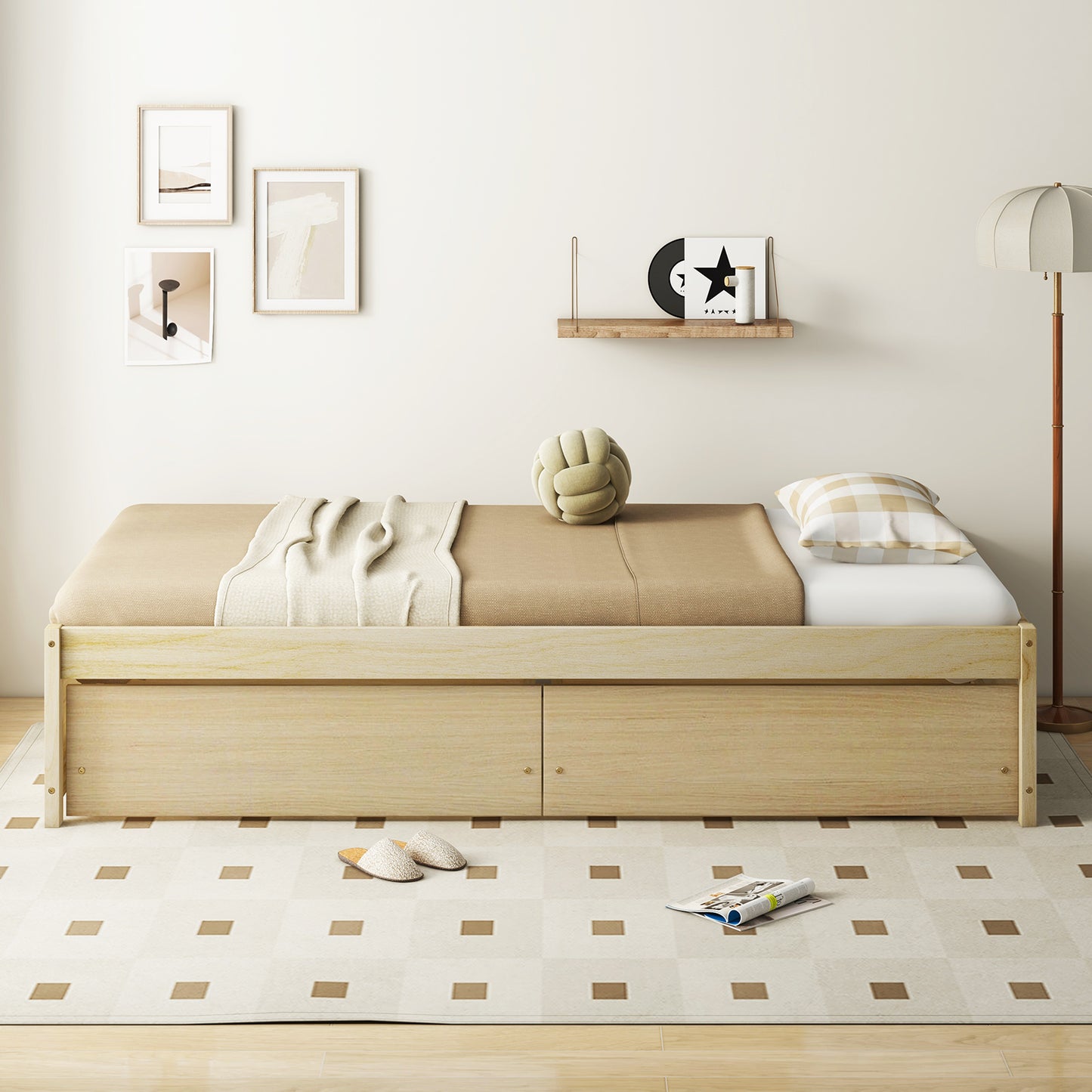 Wooden Twin Captain Bed with Storage Drawers and Slatted Support, Natural Finish