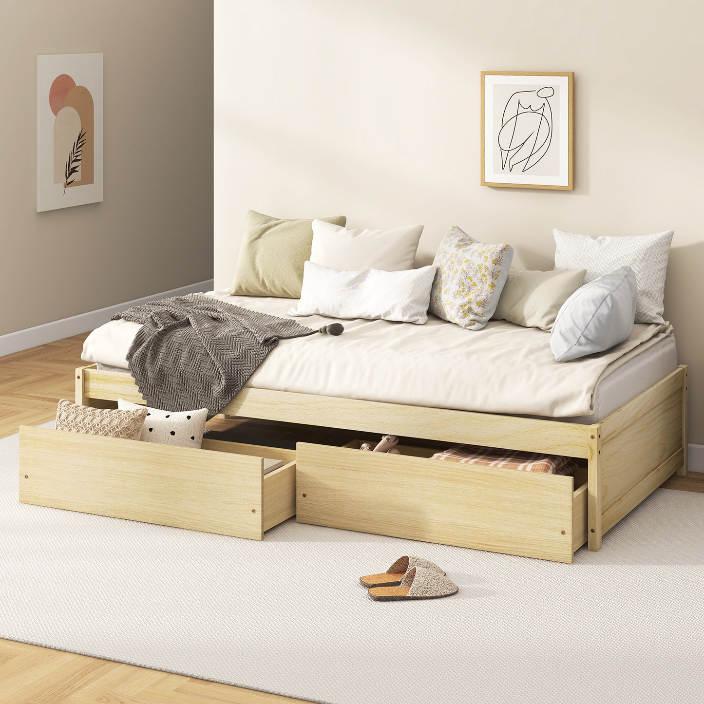 Wooden Twin Captain Bed with Storage Drawers and Slatted Support, Natural Finish