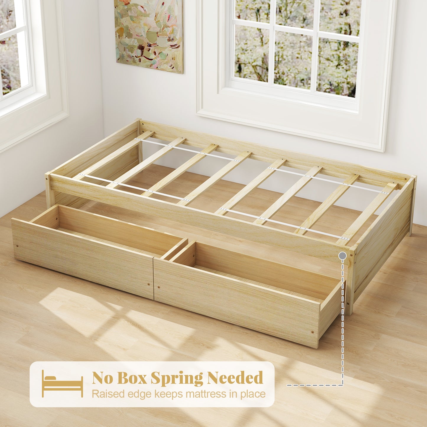 Wooden Twin Captain Bed with Storage Drawers and Slatted Support, Natural Finish