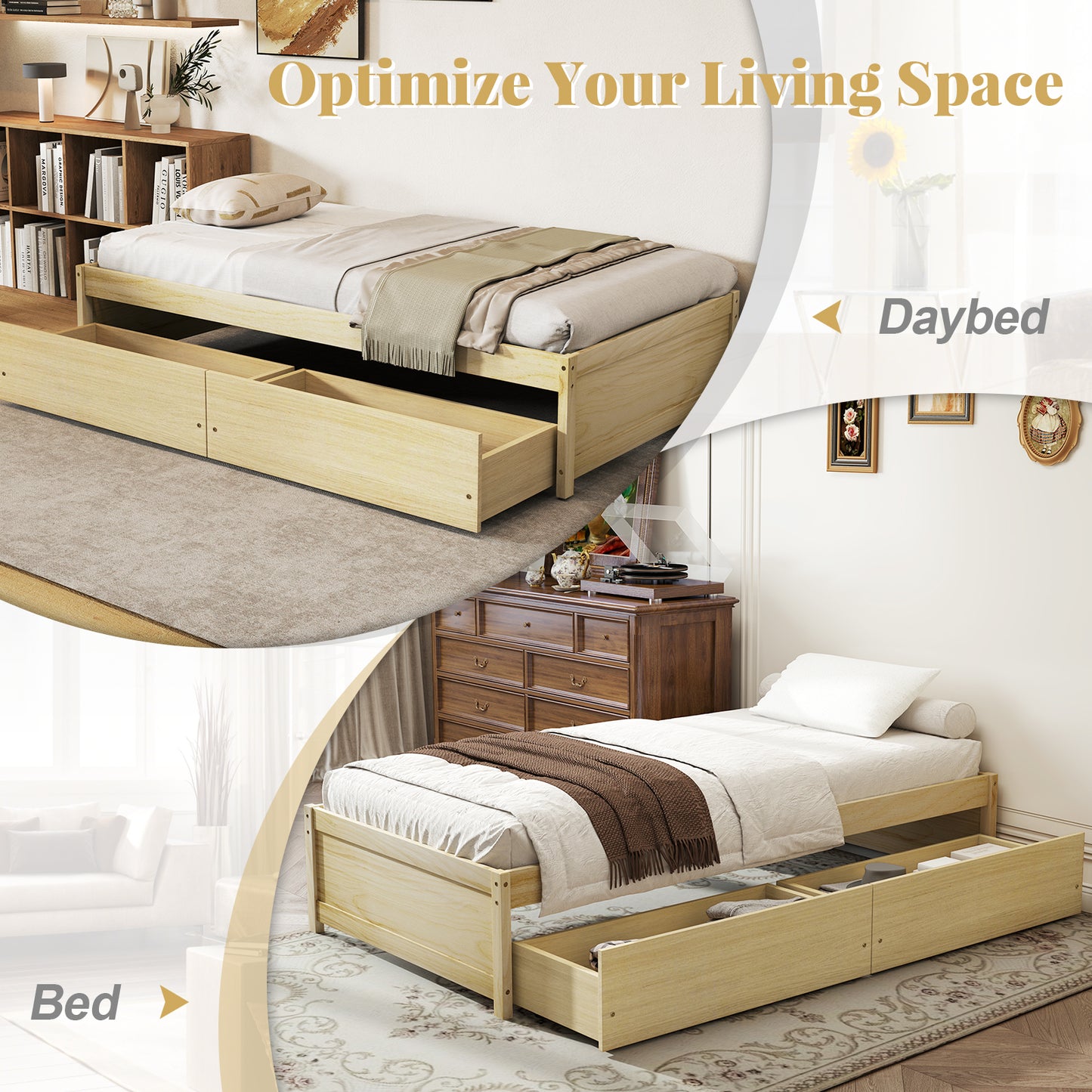 Wooden Twin Captain Bed with Storage Drawers and Slatted Support, Natural Finish